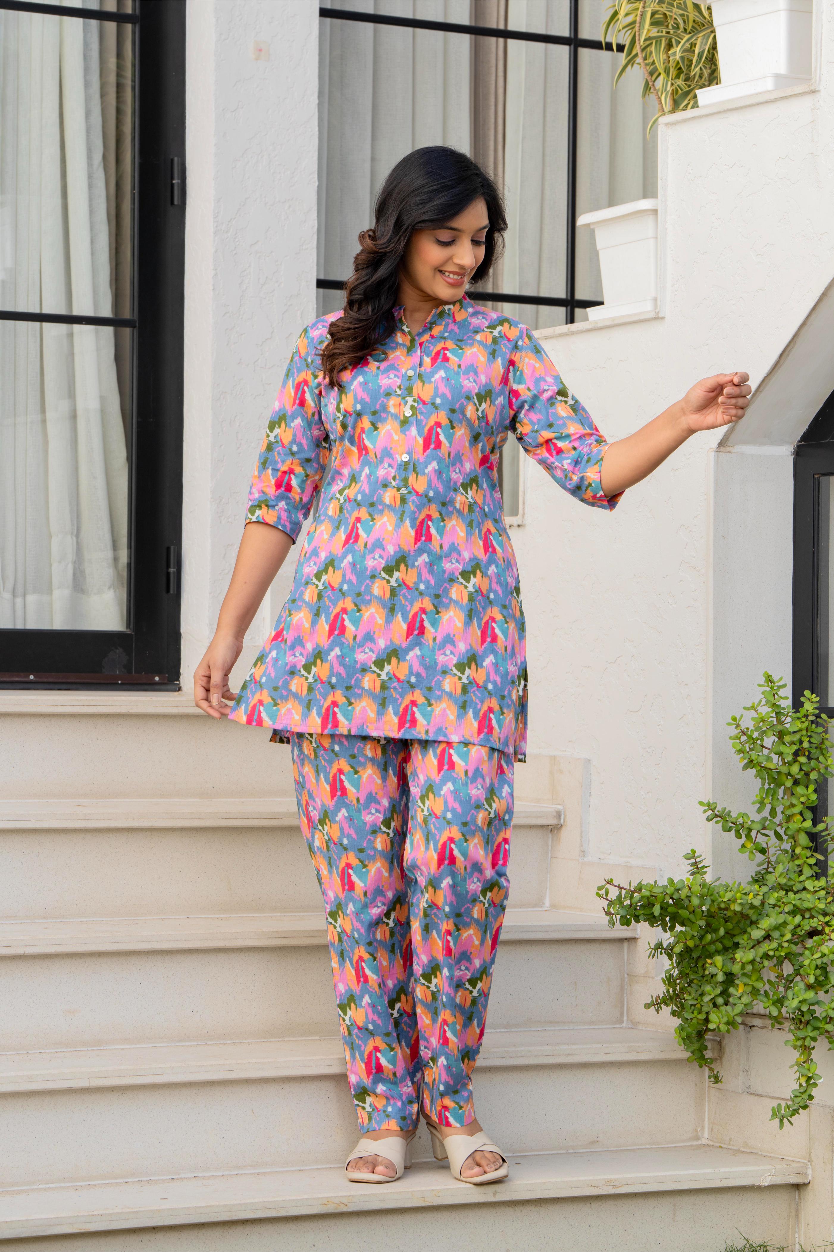 Multicolor Abstract Ikat Cotton Co-ord Set