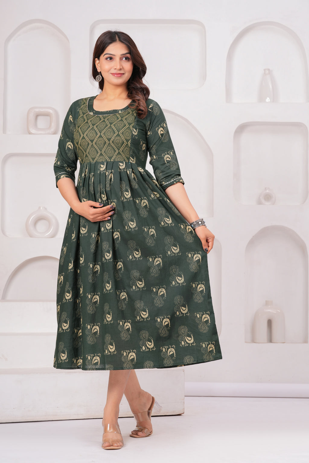 Dark Green Ethnic Print A-Line Midi Dress