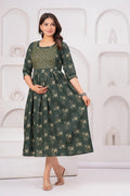 Dark Green Ethnic Print A-Line Midi Dress