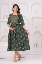 Dark Green Ethnic Print A-Line Midi Dress