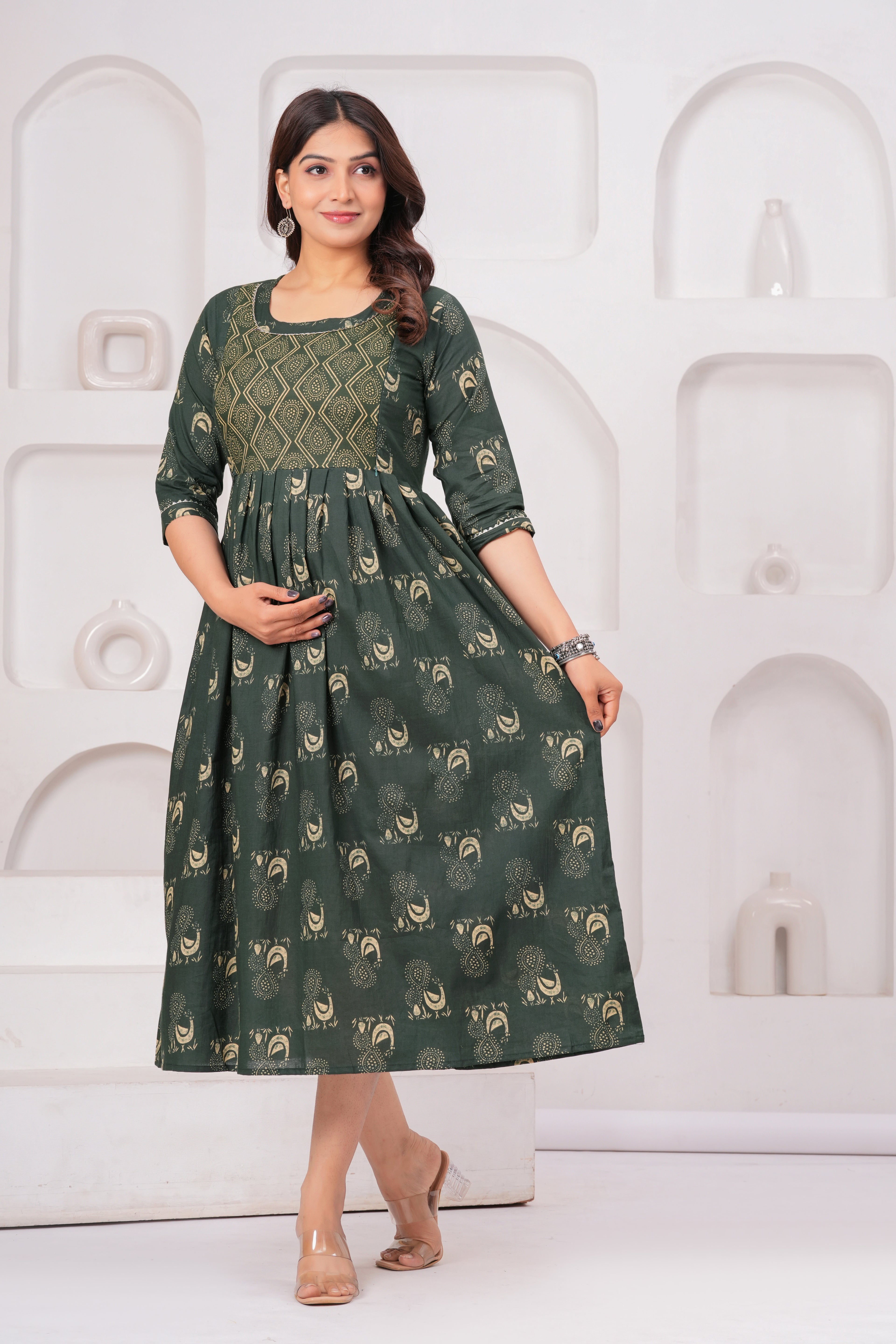 Dark Green Ethnic Print A-Line Midi Dress