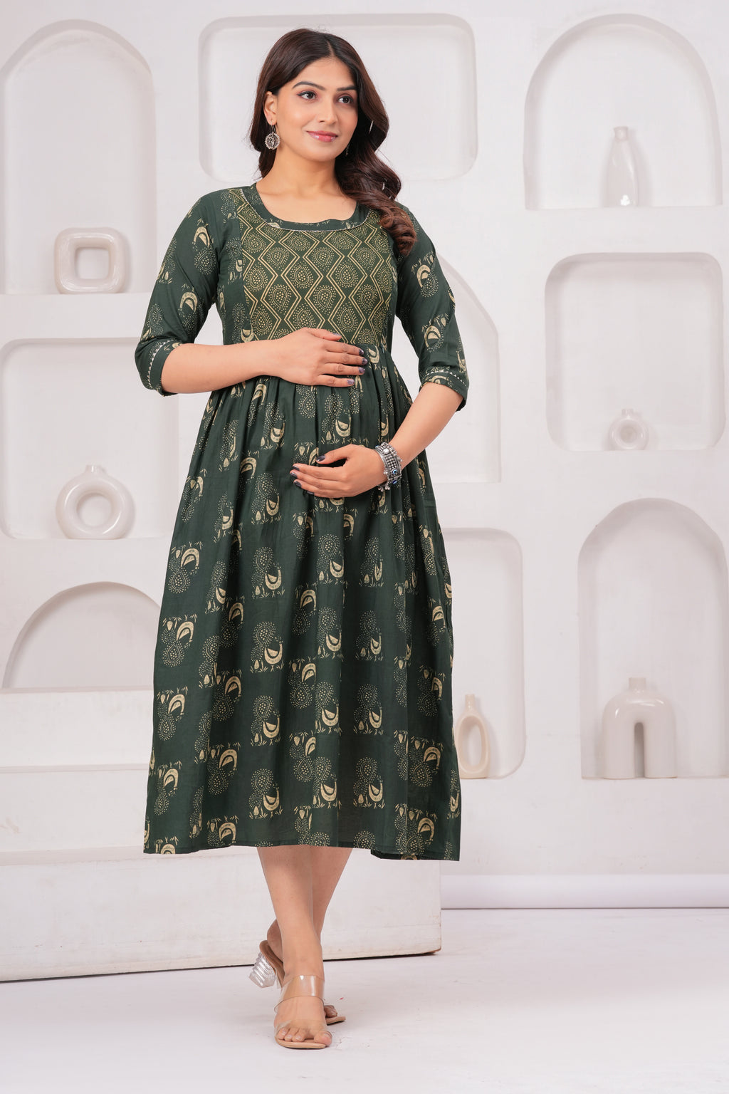 Dark Green Ethnic Print A-Line Midi Dress