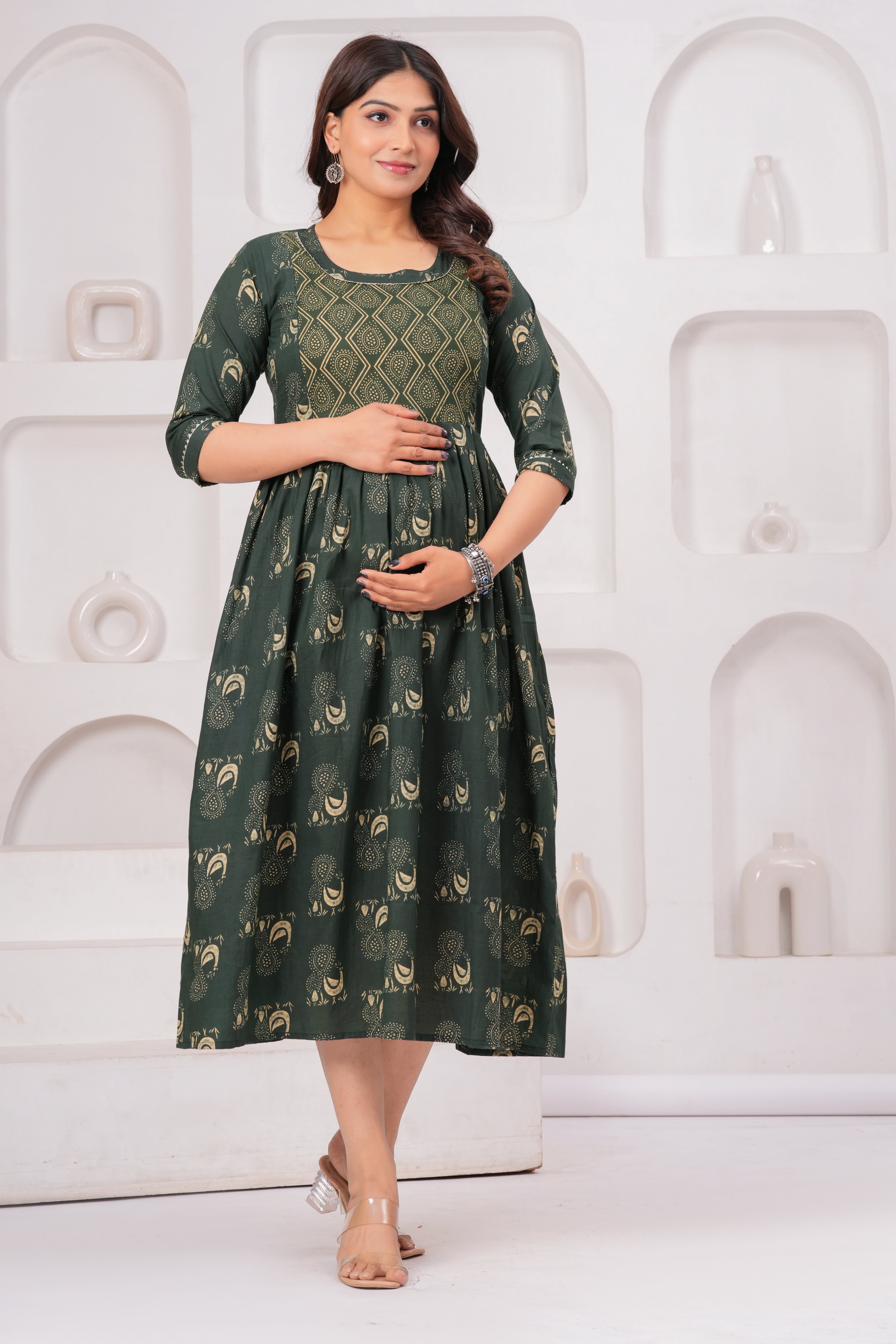 Dark Green Ethnic Print A-Line Midi Dress