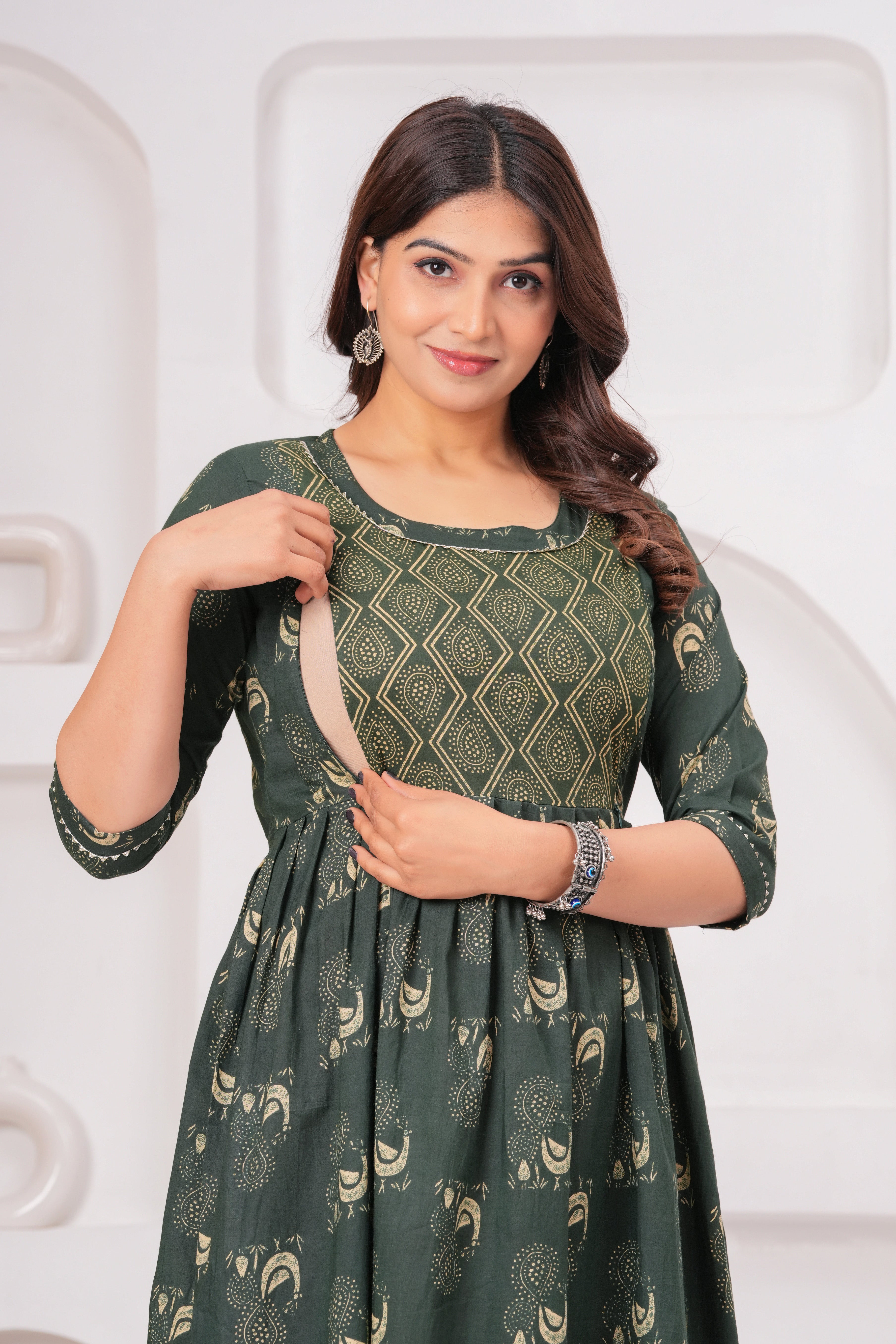 Dark Green Ethnic Print A-Line Midi Dress