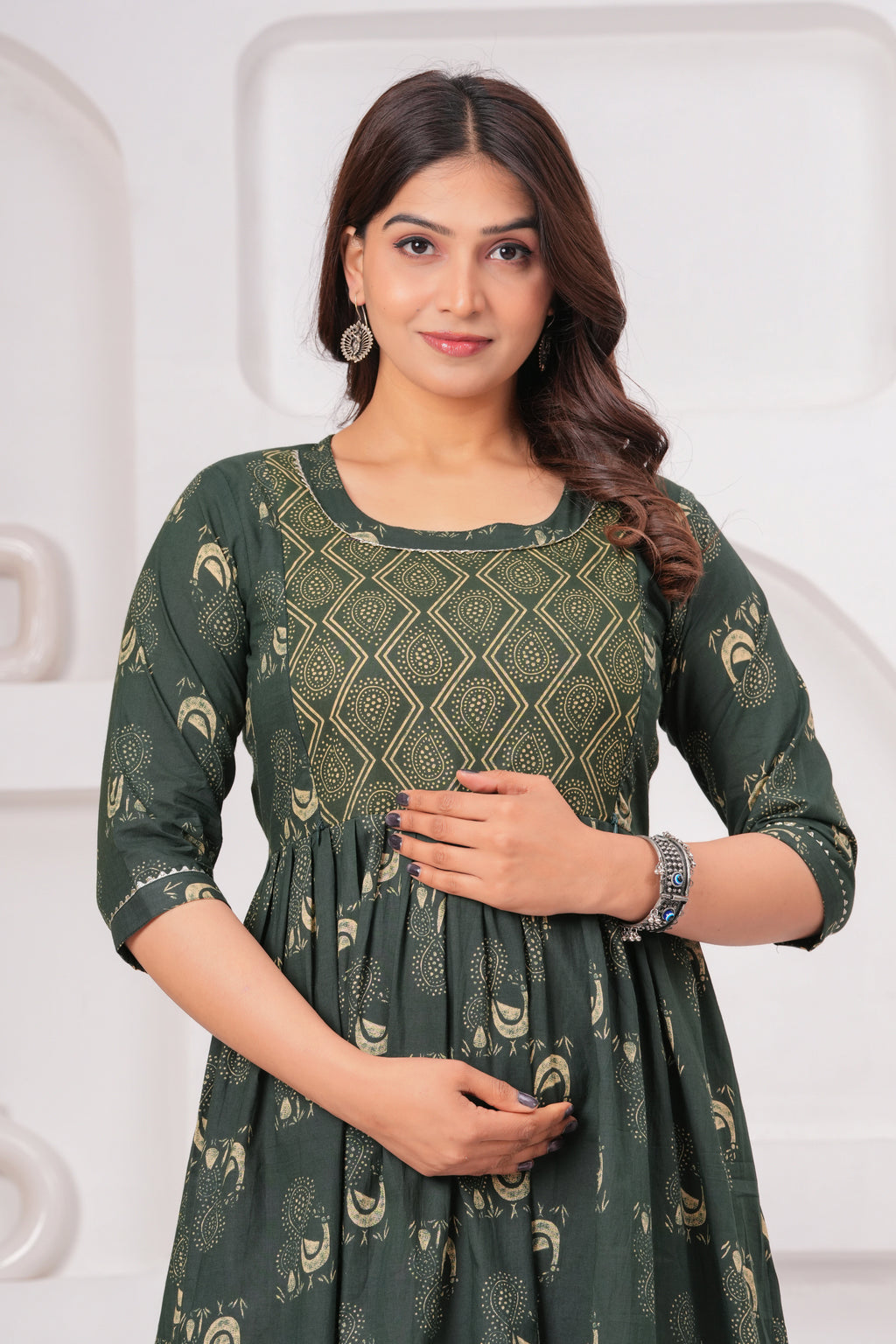 Dark Green Ethnic Print A-Line Midi Dress