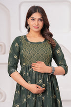 Dark Green Ethnic Print A-Line Midi Dress