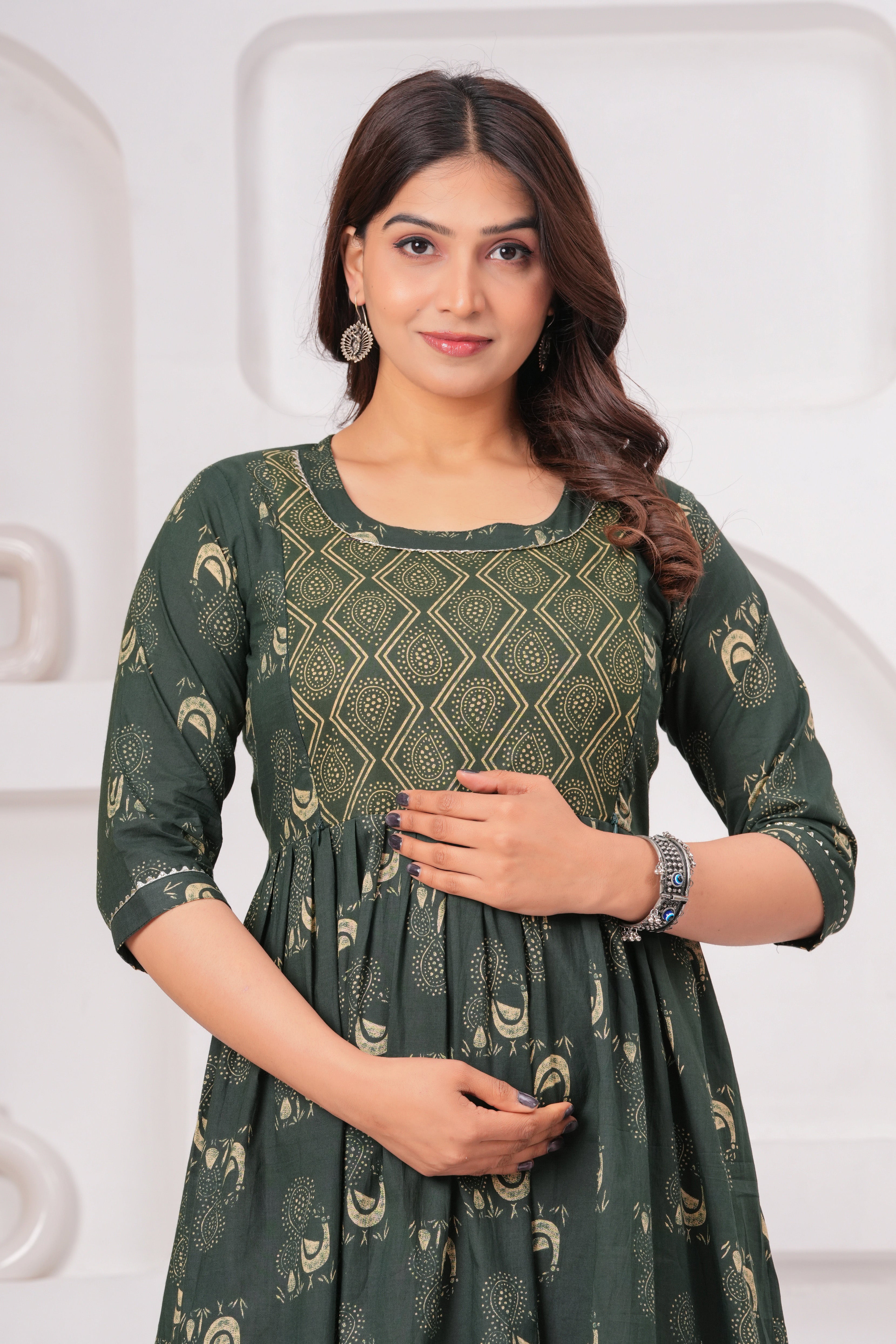 Dark Green Ethnic Print A-Line Midi Dress