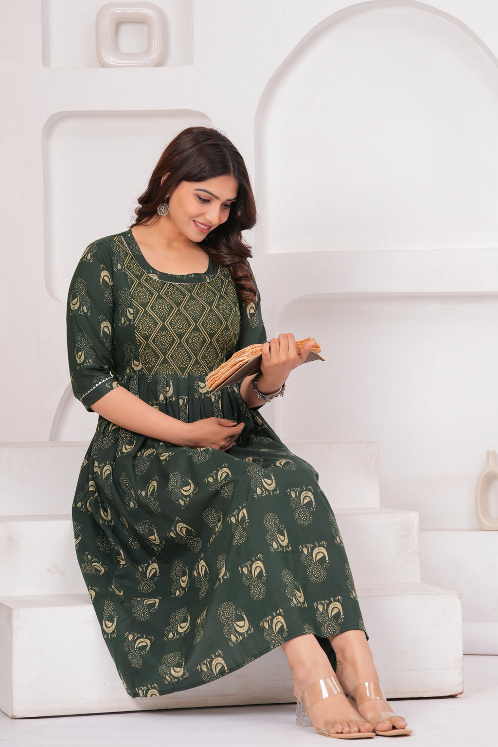 Dark Green Ethnic Print A-Line Midi Dress