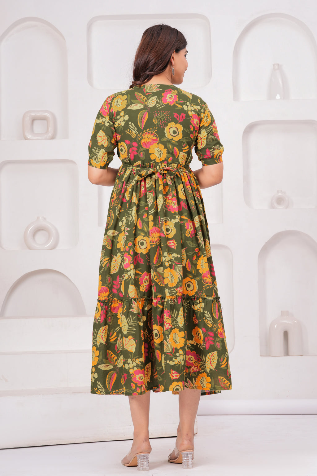 Olive Green Floral Tiered Cotton Midi Dress