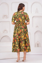 Olive Green Floral Tiered Cotton Midi Dress