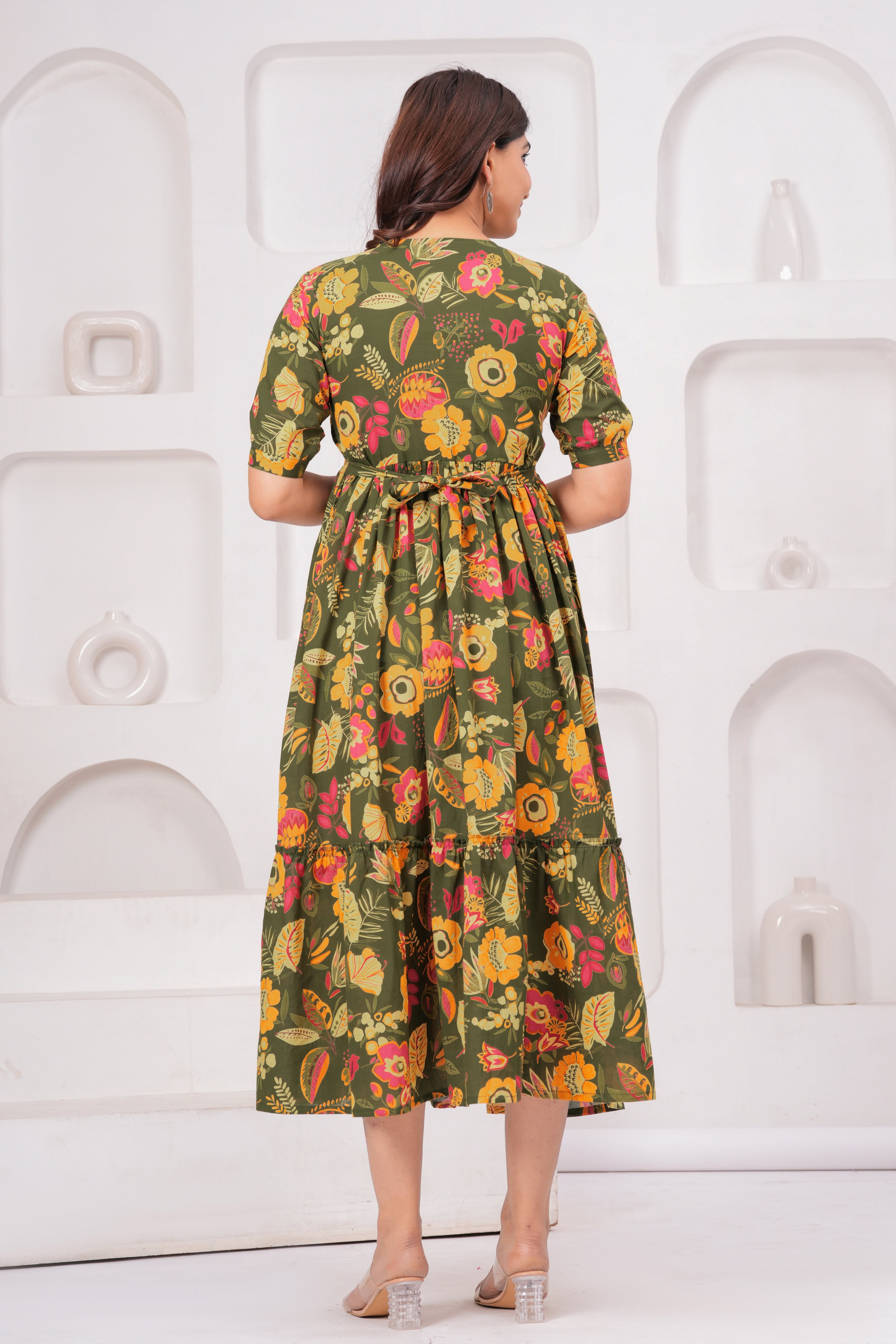 Olive Green Floral Tiered Cotton Midi Dress