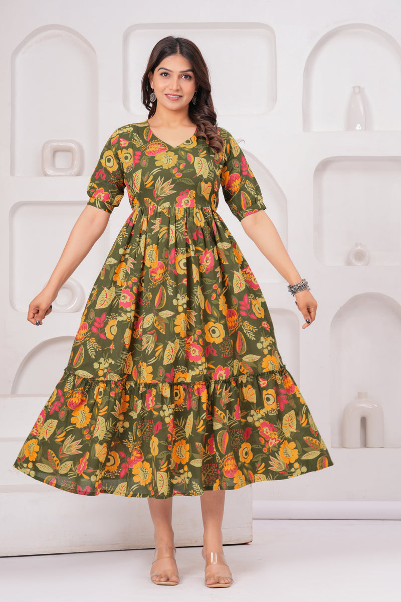 Olive Green Floral Tiered Cotton Midi Dress