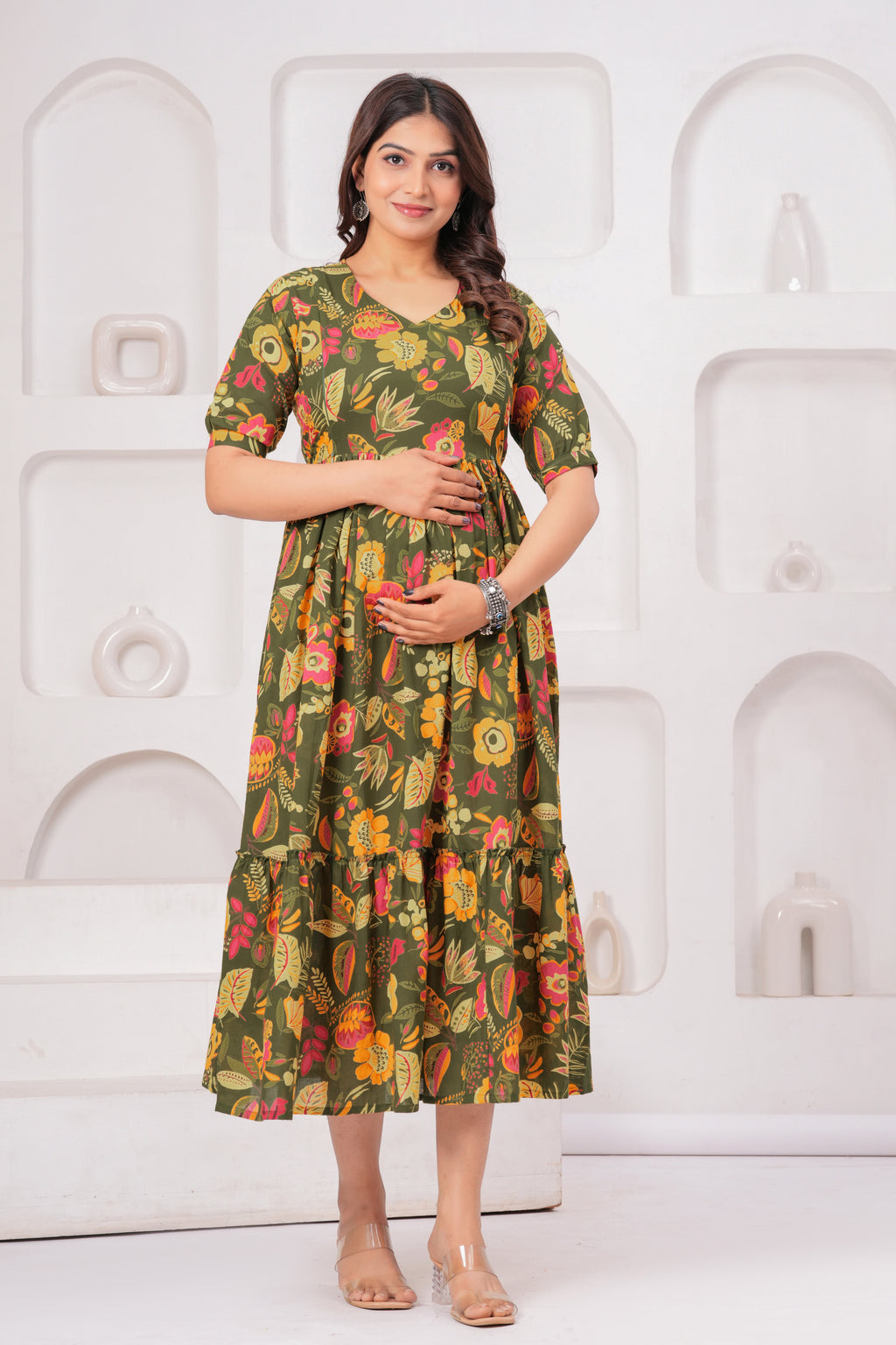Olive Green Floral Tiered Cotton Midi Dress