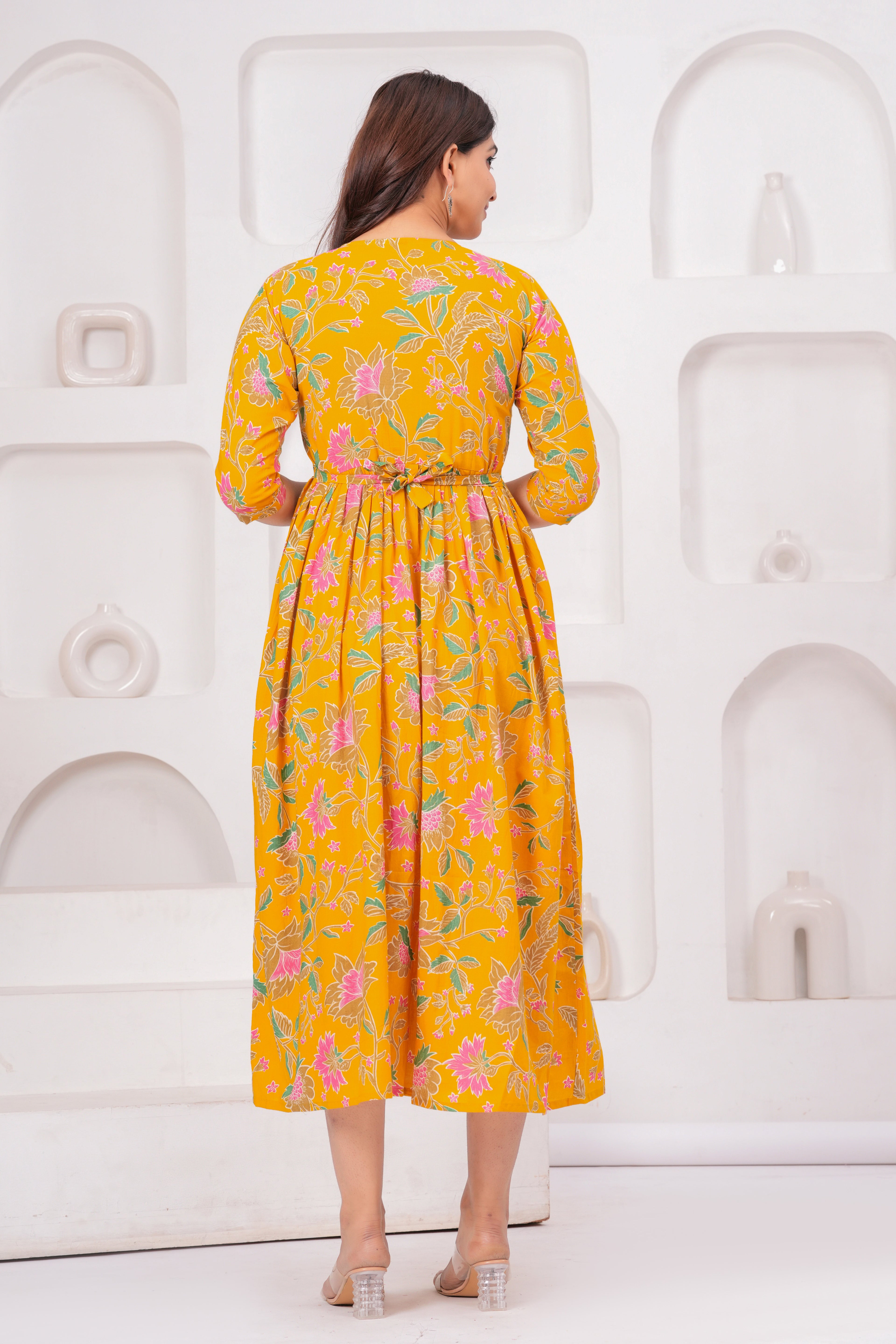 Mustard Yellow Floral Cotton Anarkali Midi Dress