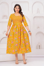 Mustard Yellow Floral Cotton Anarkali Midi Dress