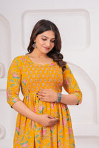 Mustard Yellow Floral Cotton Anarkali Midi Dress