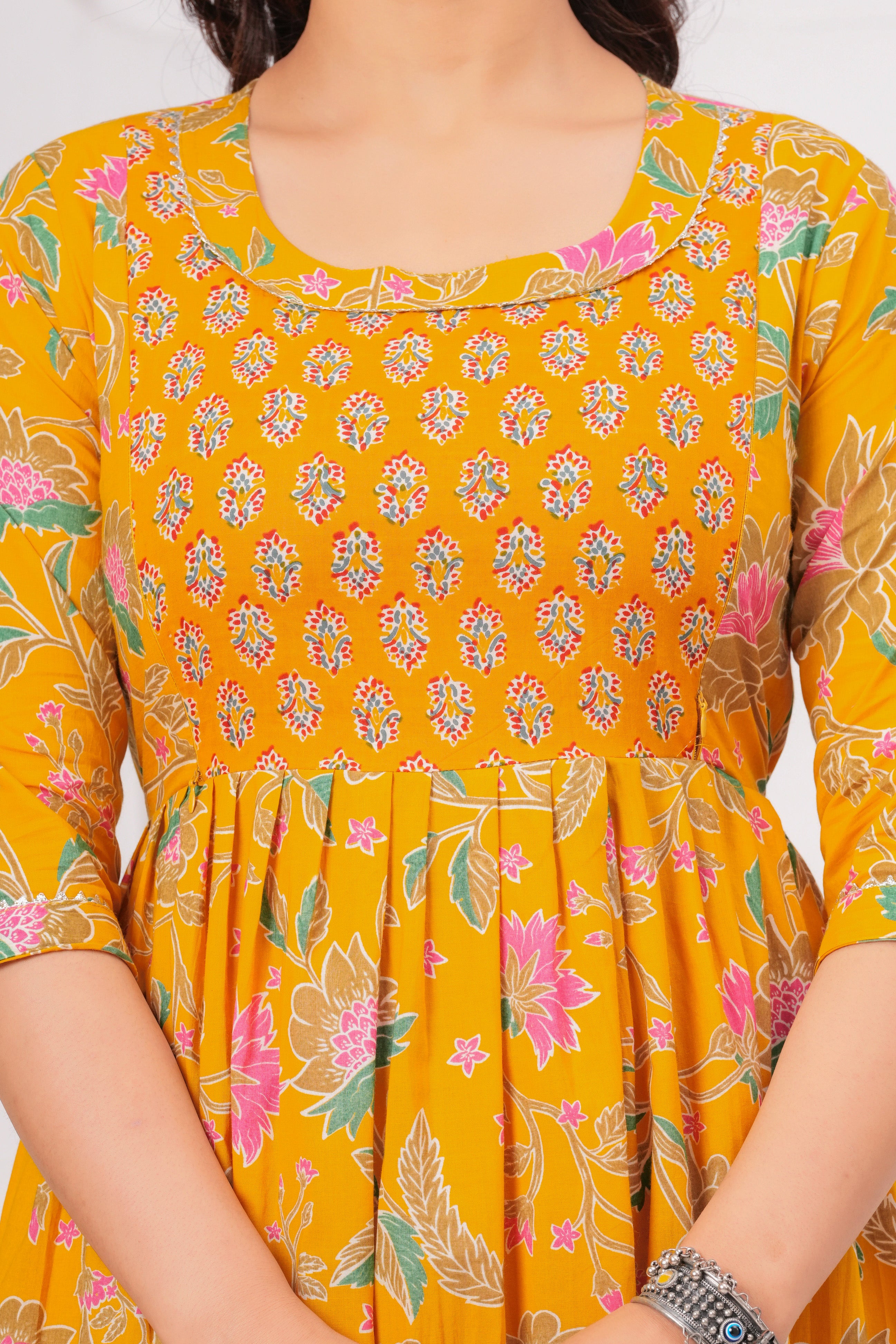 Mustard Yellow Floral Cotton Anarkali Midi Dress