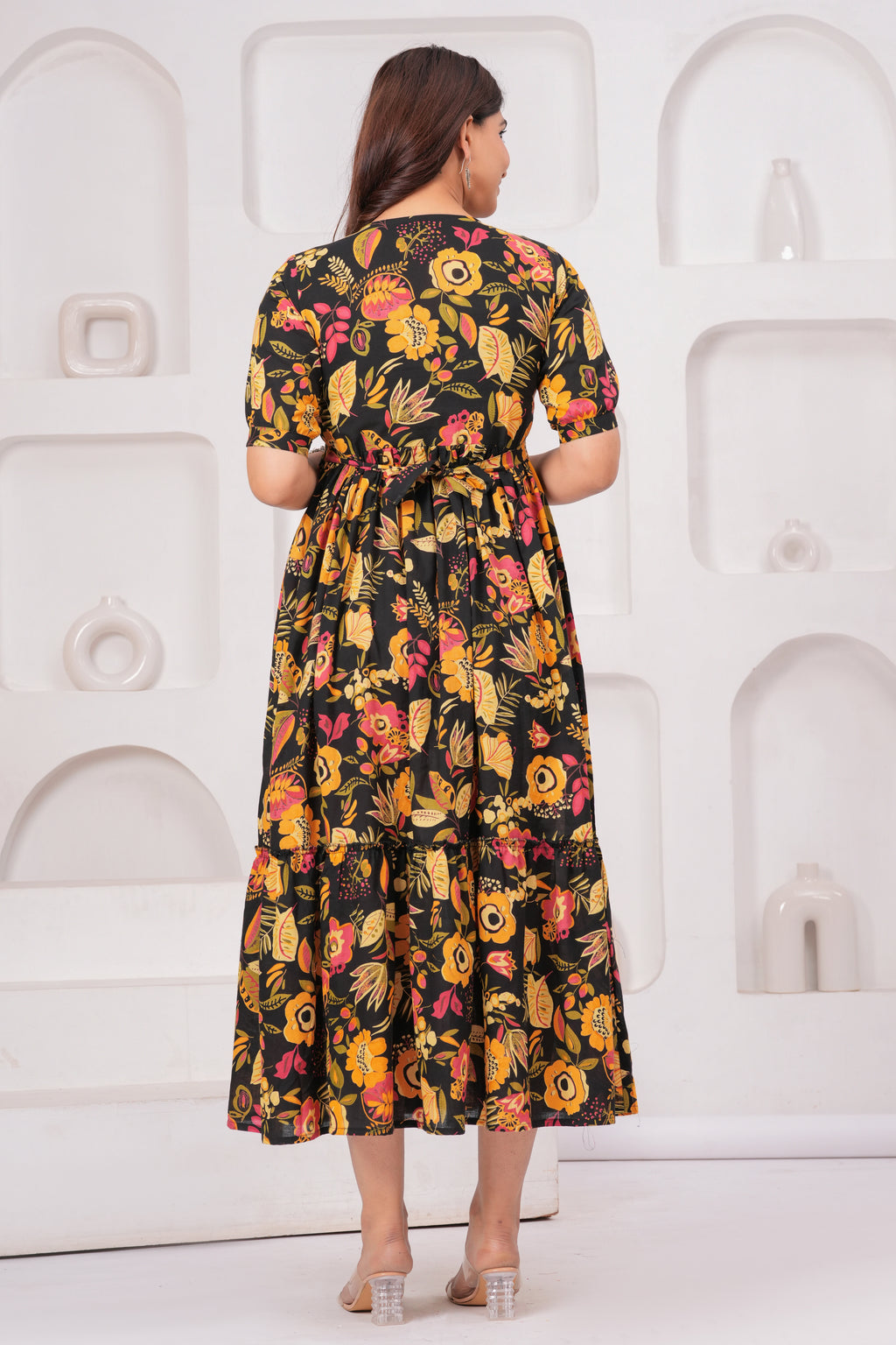 Black Floral Tiered Cotton Midi Dress