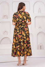 Black Floral Tiered Cotton Midi Dress