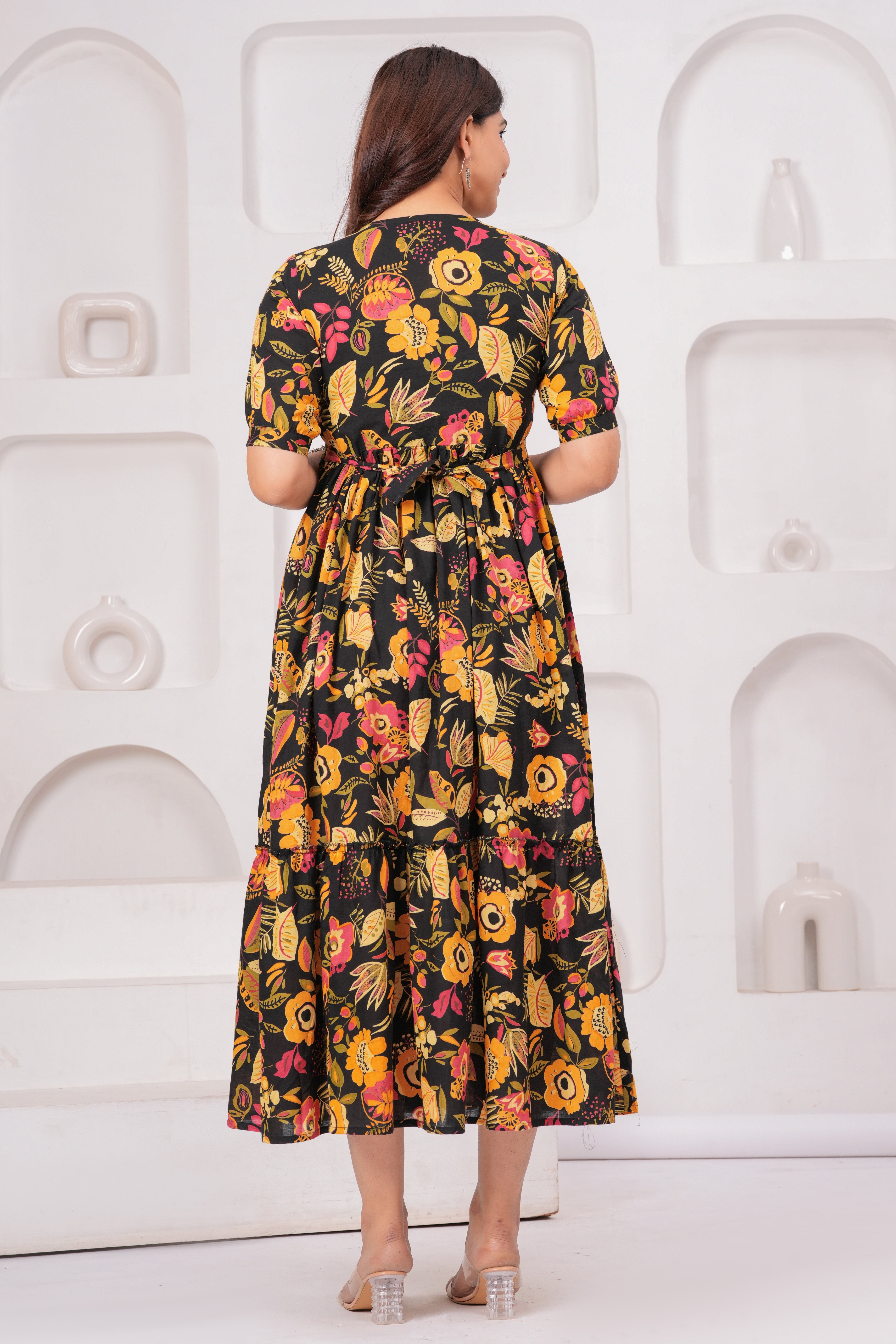 Black Floral Tiered Cotton Midi Dress