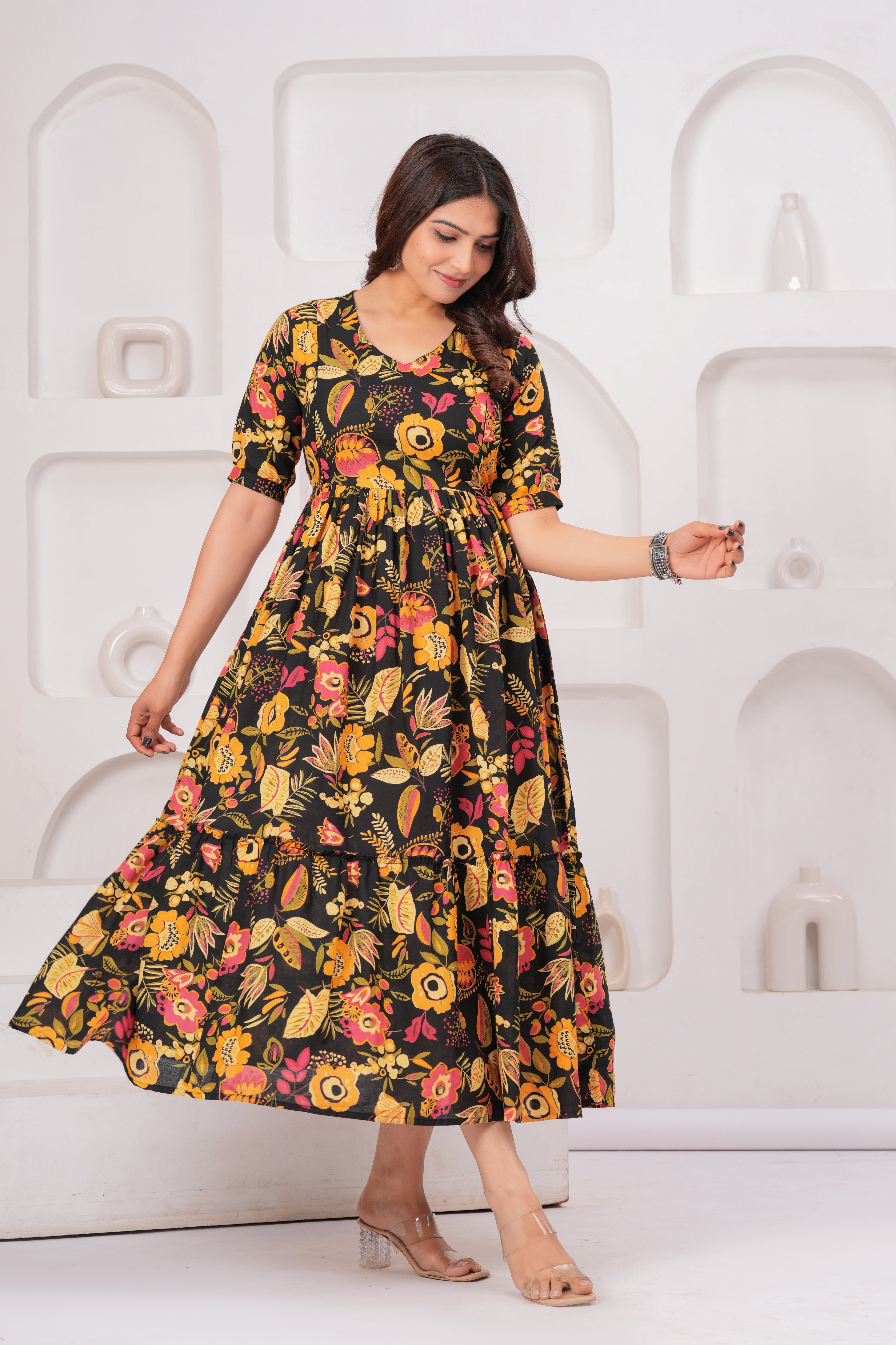 Black Floral Tiered Cotton Midi Dress
