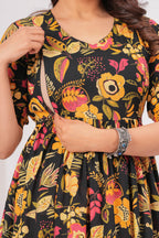 Black Floral Tiered Cotton Midi Dress