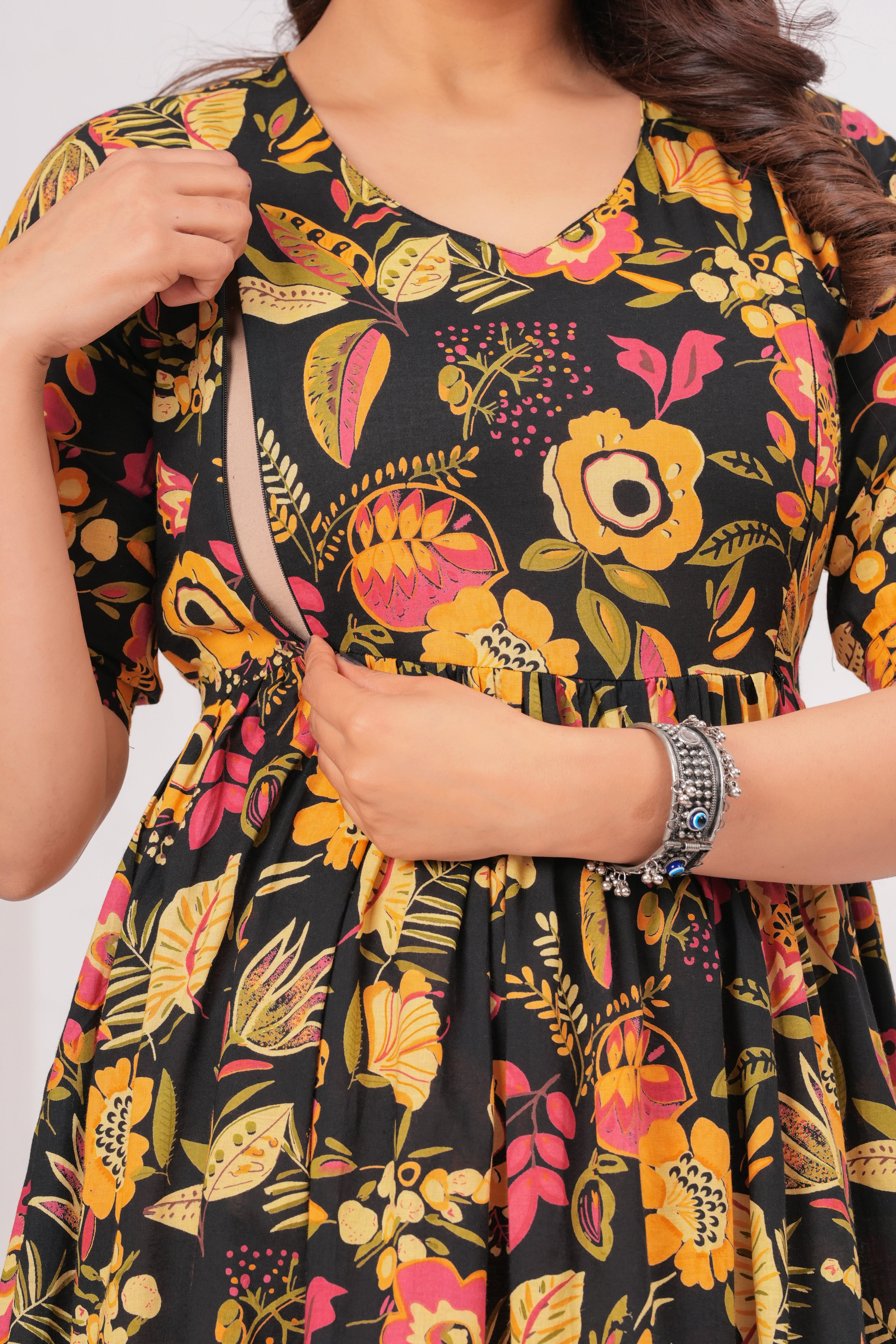 Black Floral Tiered Cotton Midi Dress