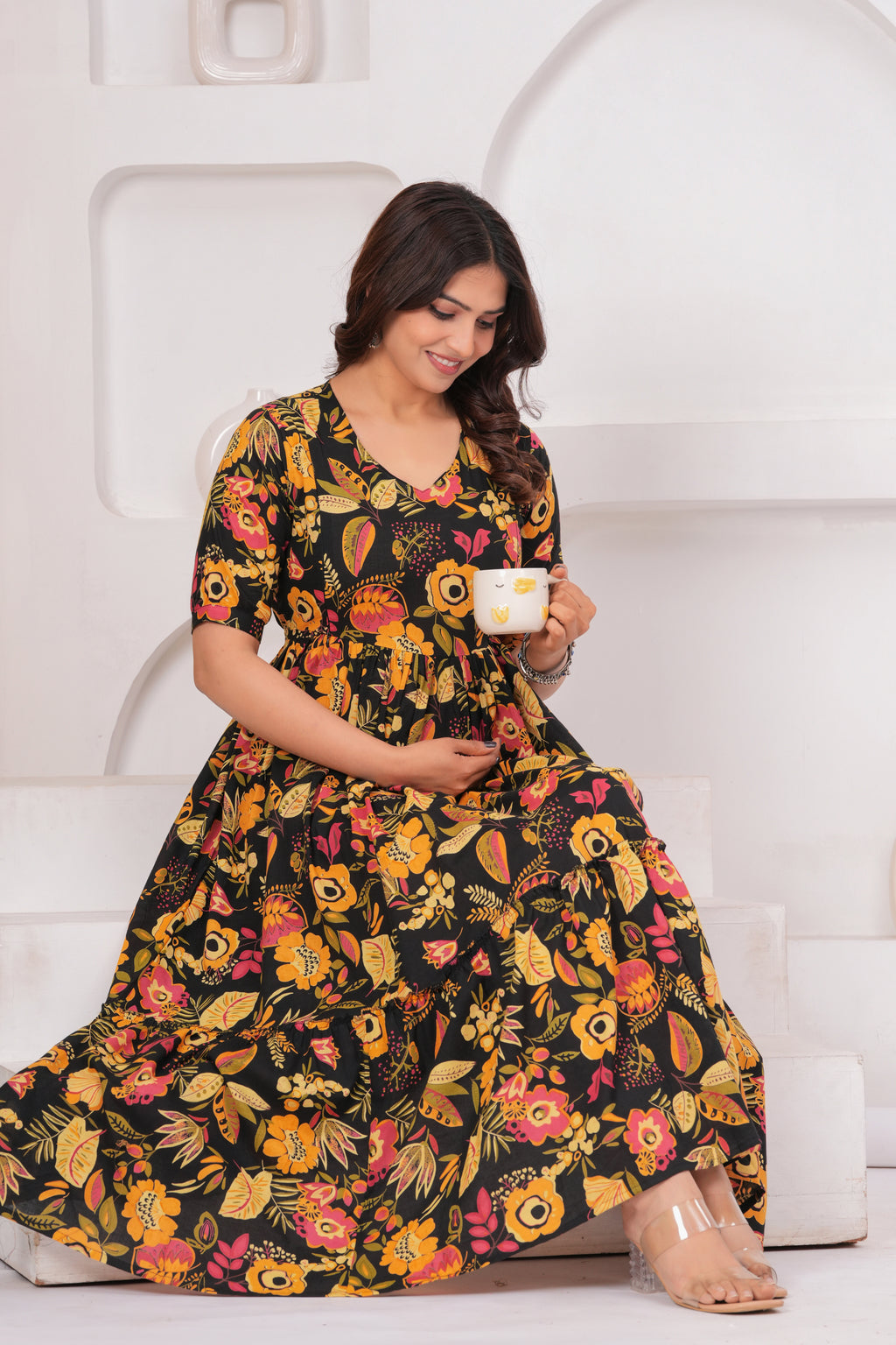 Black Floral Tiered Cotton Midi Dress