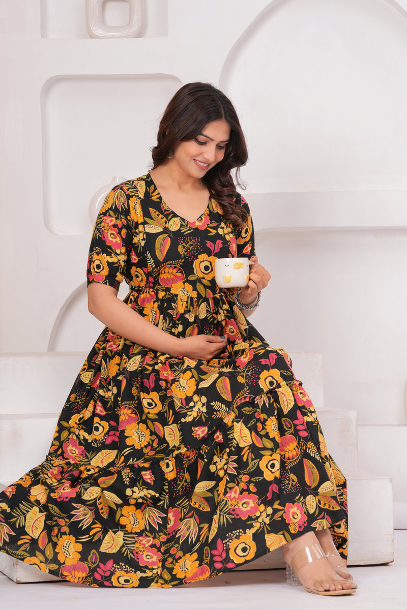 Black Floral Tiered Cotton Midi Dress