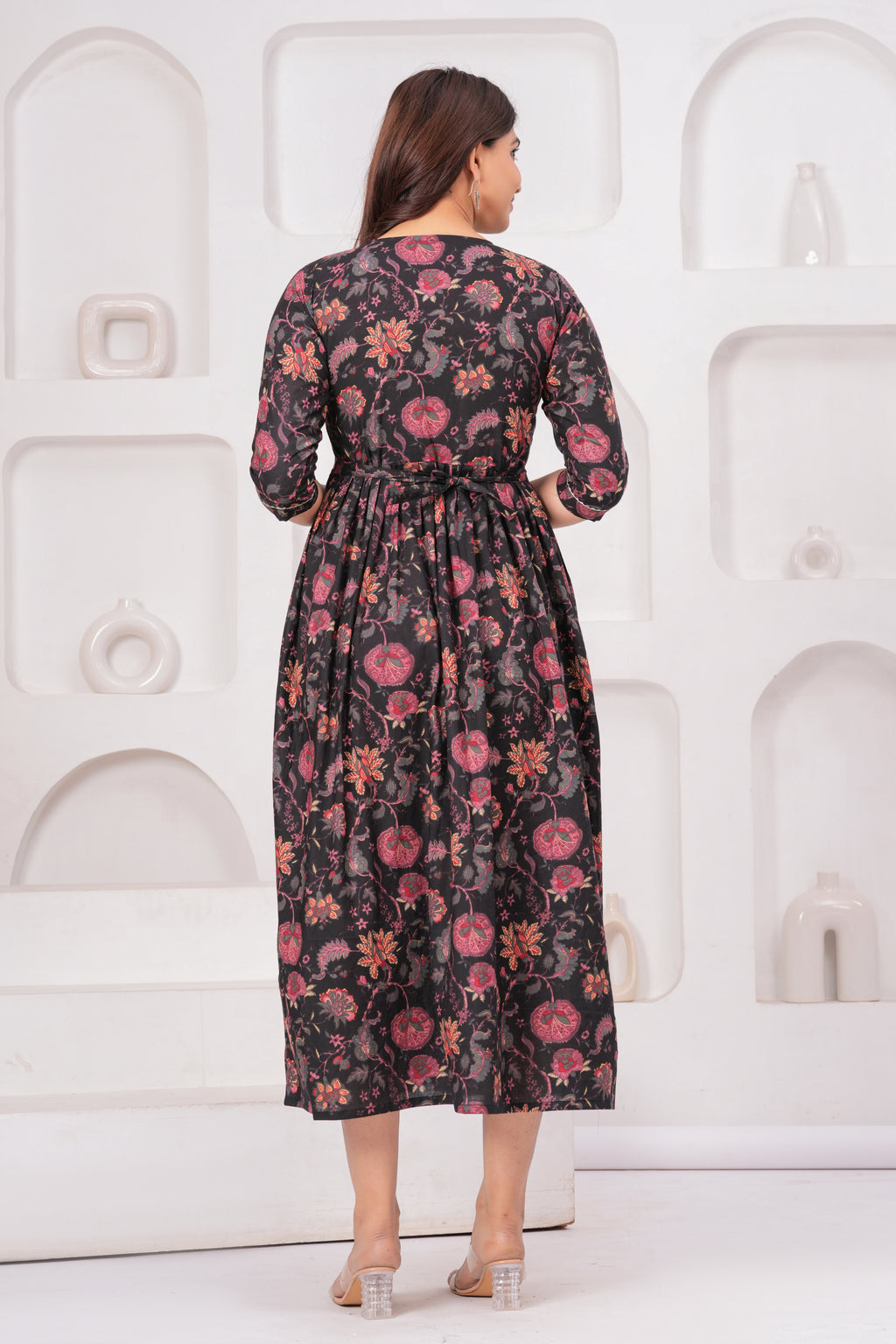 Black Ethnic Print Cotton Anarkali Midi Dress