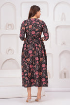 Black Ethnic Print Cotton Anarkali Midi Dress