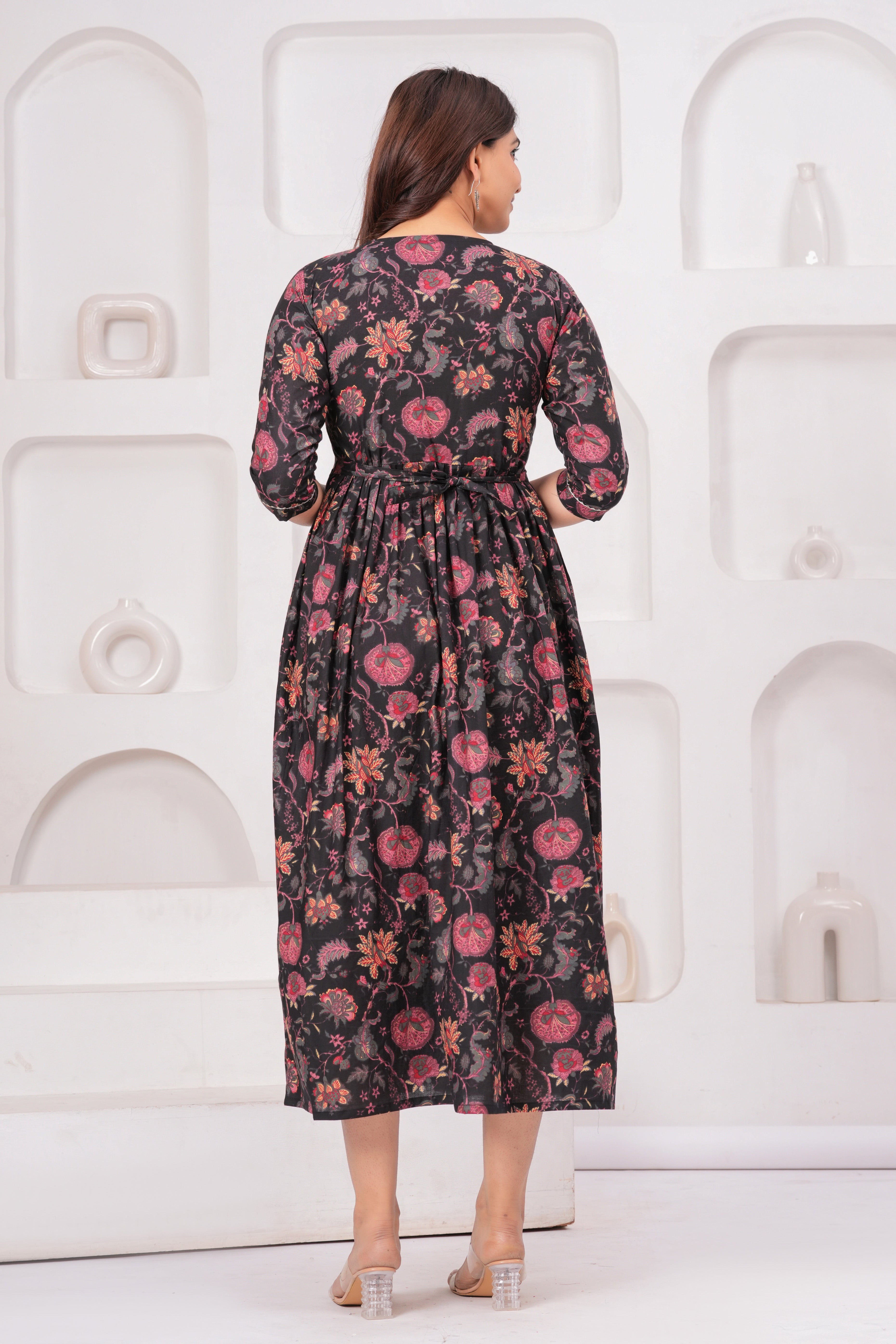 Black Ethnic Print Cotton Anarkali Midi Dress