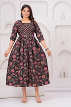 Black Ethnic Print Cotton Anarkali Midi Dress