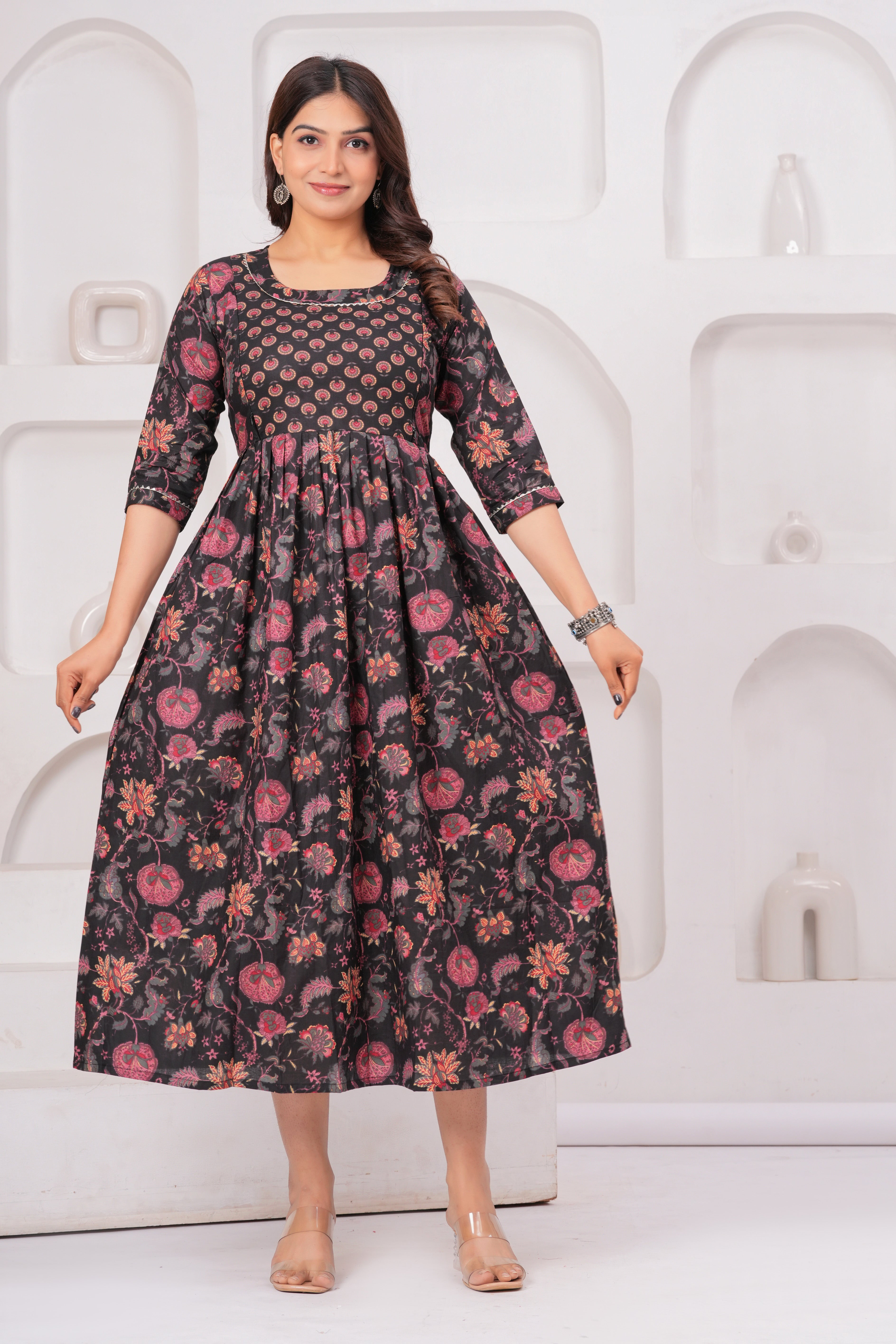 Black Ethnic Print Cotton Anarkali Midi Dress
