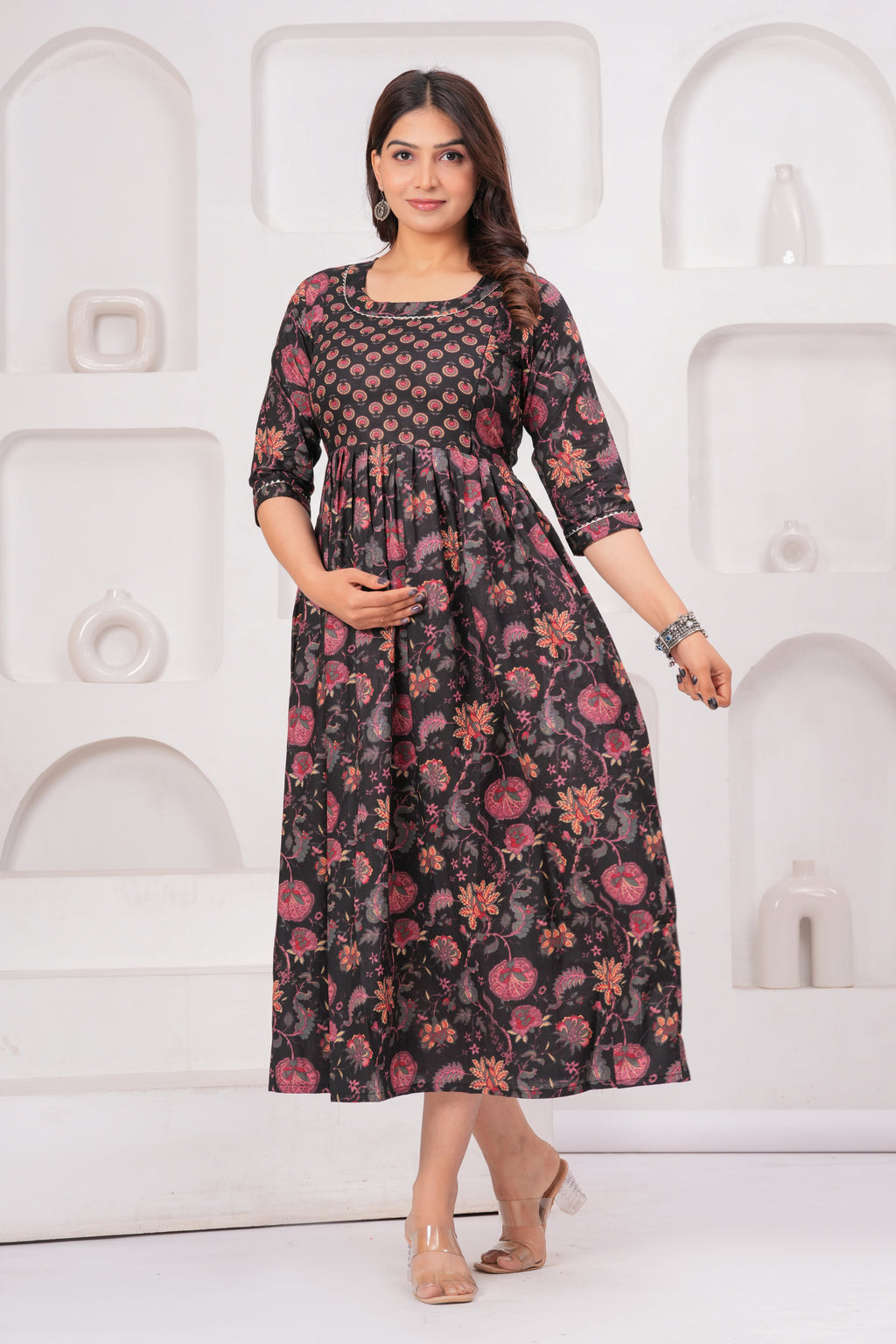 Black Ethnic Print Cotton Anarkali Midi Dress