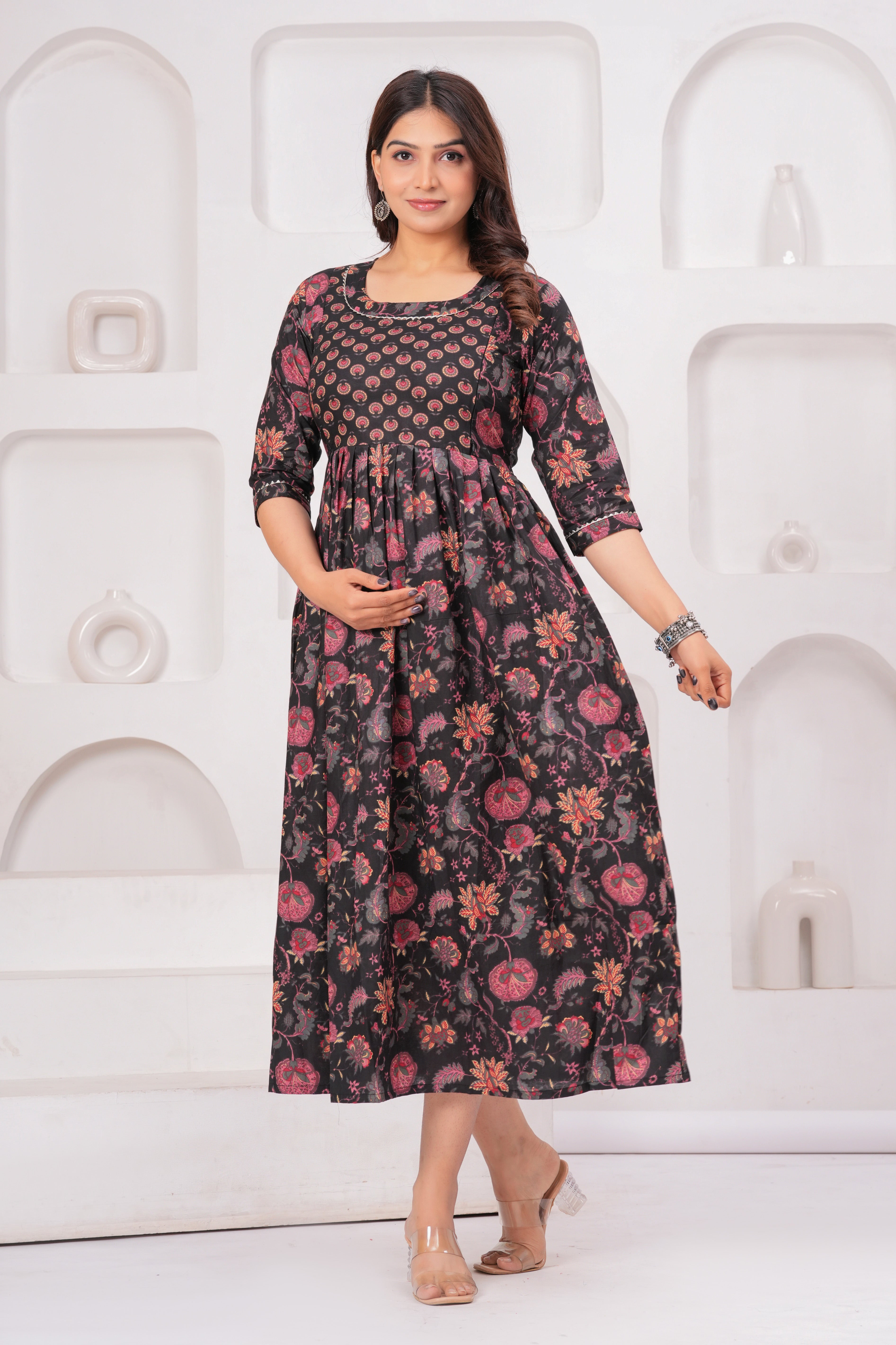 Black Ethnic Print Cotton Anarkali Midi Dress