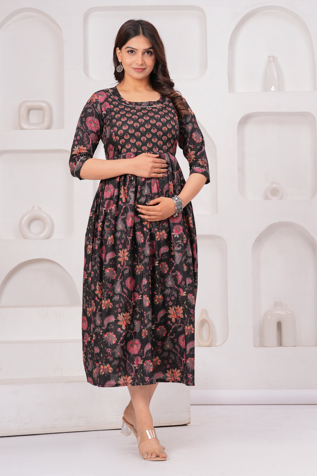 Black Ethnic Print Cotton Anarkali Midi Dress