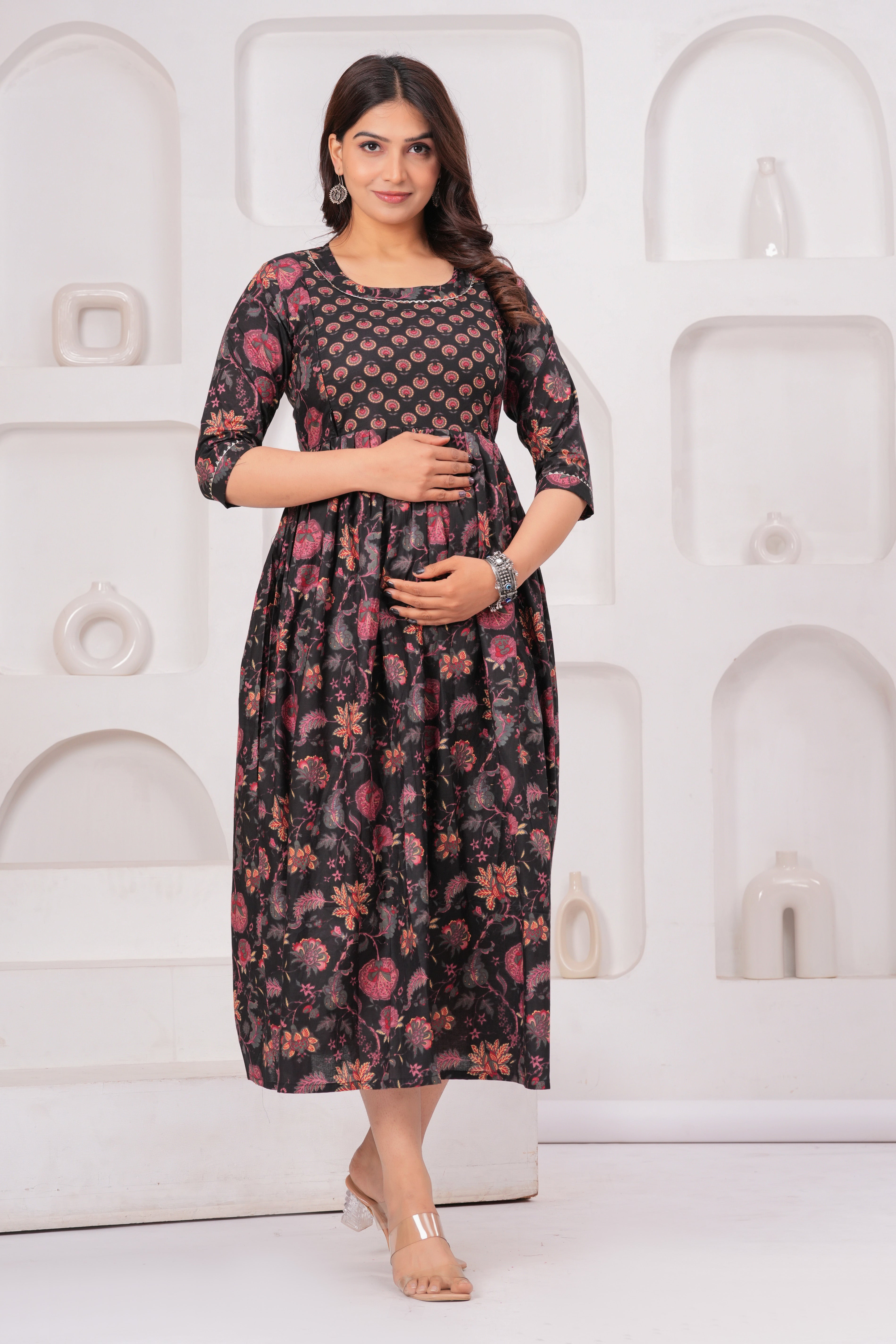 Black Ethnic Print Cotton Anarkali Midi Dress