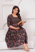 Black Ethnic Print Cotton Anarkali Midi Dress