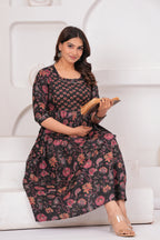 Black Ethnic Print Cotton Anarkali Midi Dress