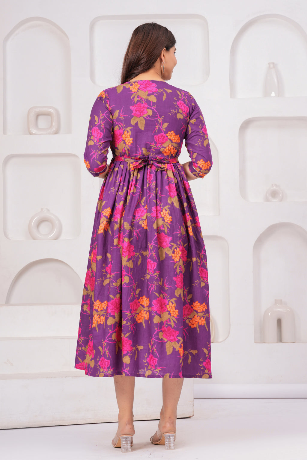Purple Floral Cotton Anarkali Midi Dress