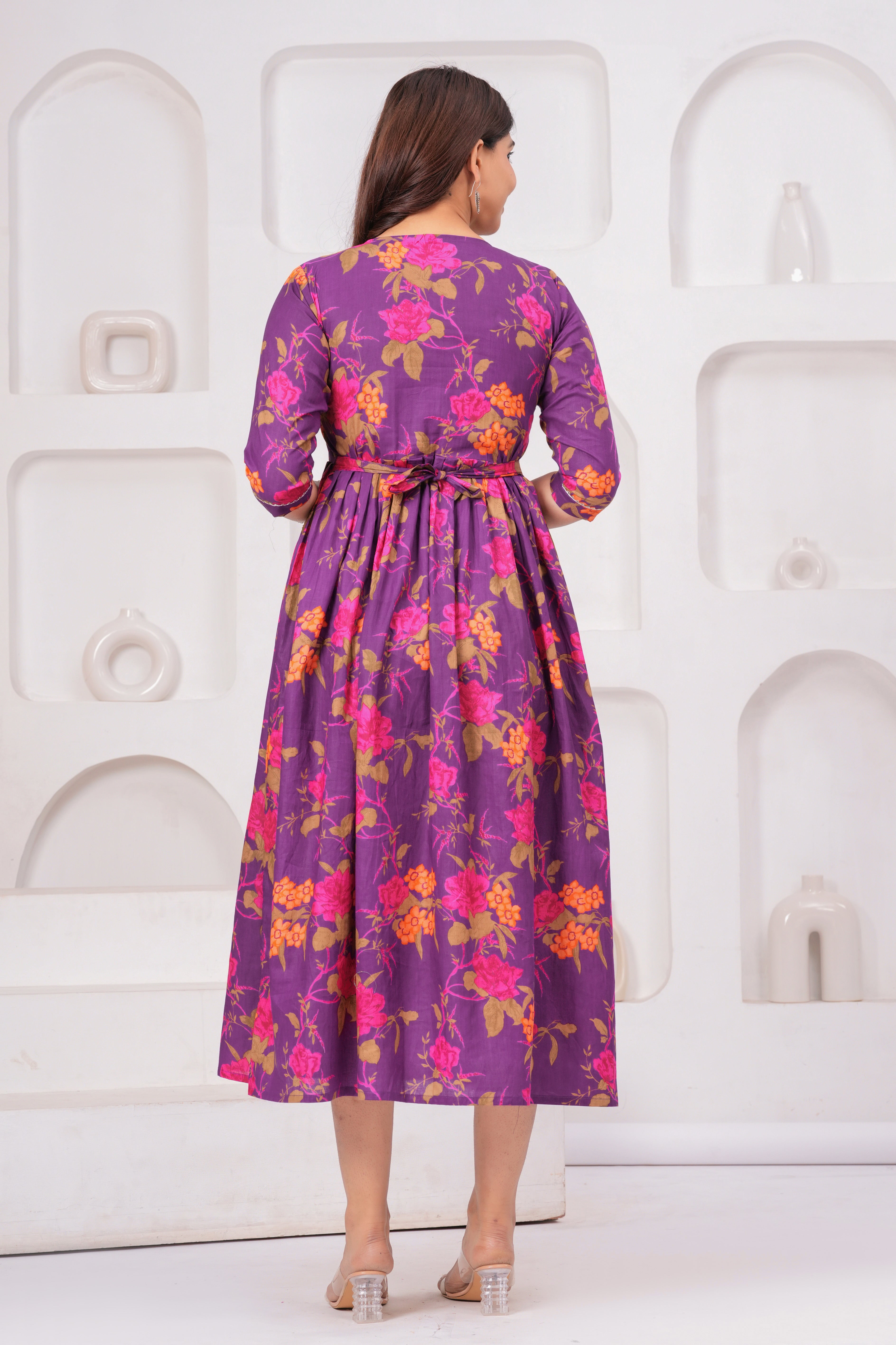 Purple Floral Cotton Anarkali Midi Dress