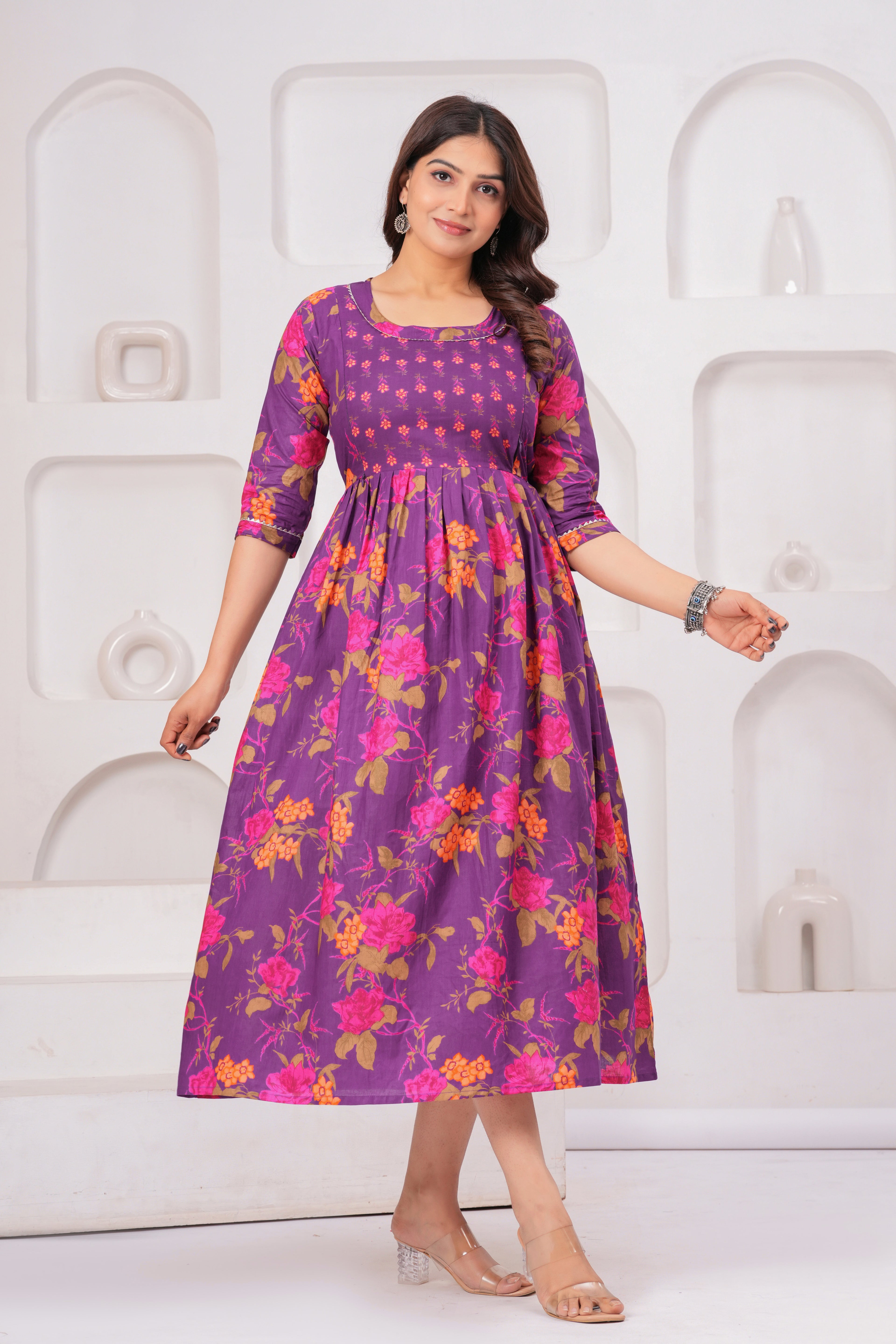 Purple Floral Cotton Anarkali Midi Dress