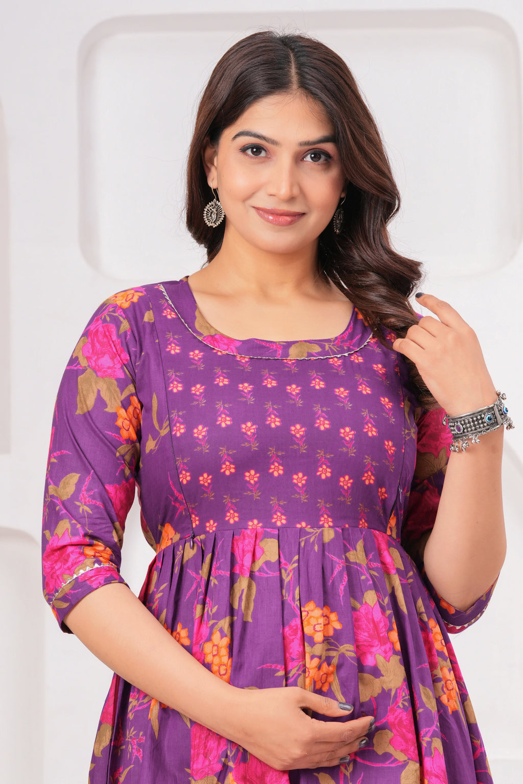 Purple Floral Cotton Anarkali Midi Dress