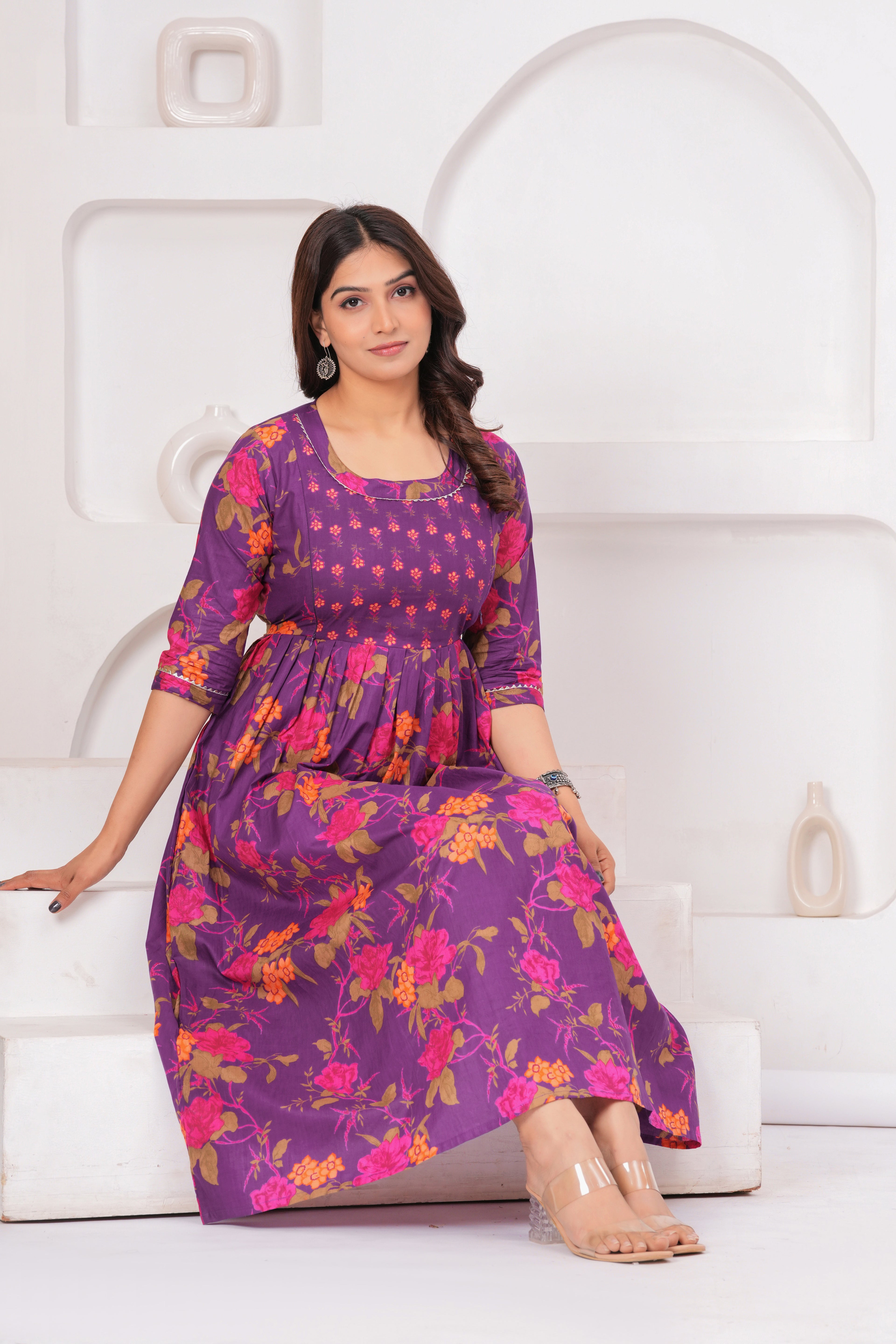 Purple Floral Cotton Anarkali Midi Dress
