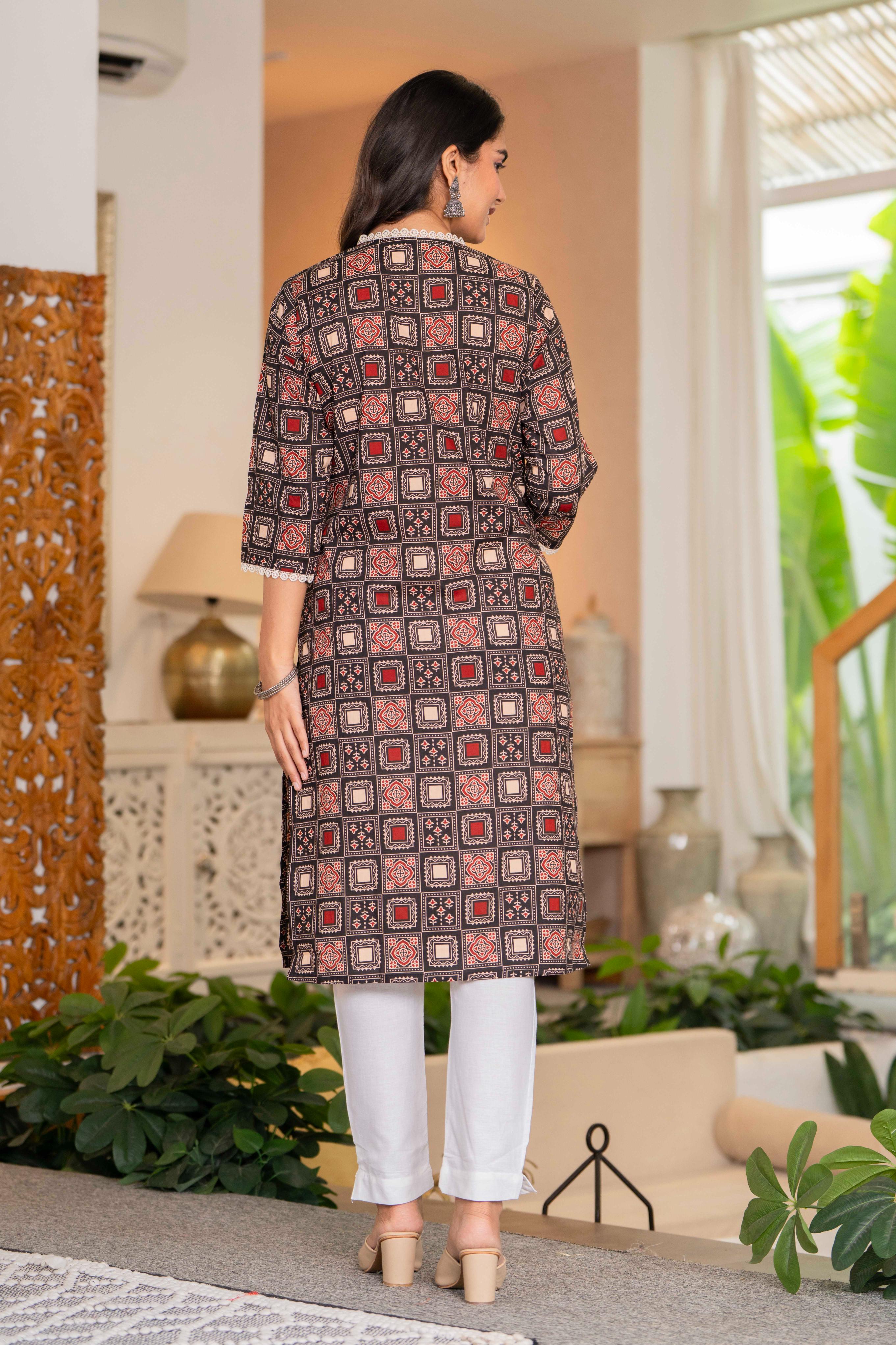 Vintage Charcoal Ajrakh Cotton Kurta