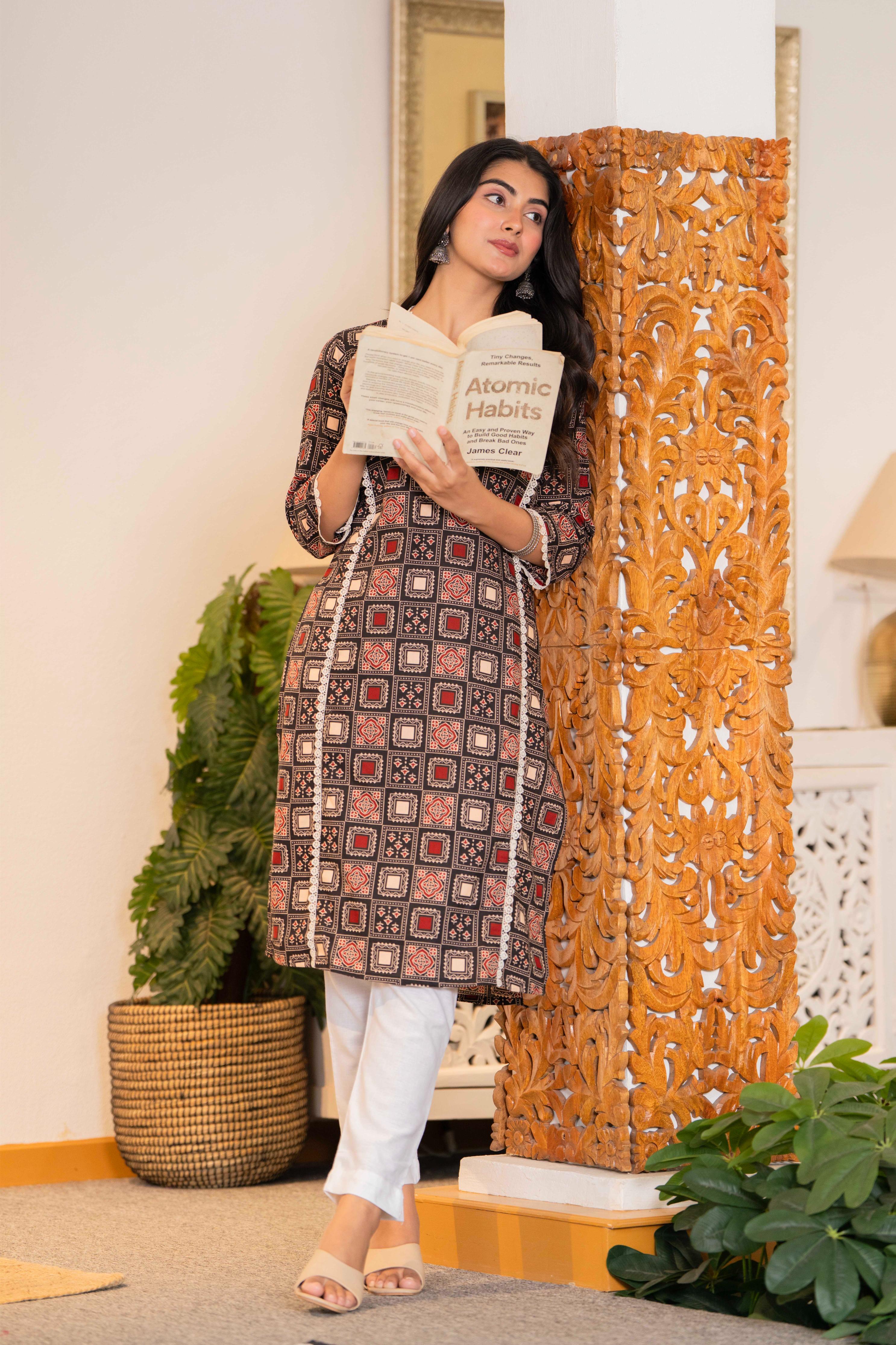 Vintage Charcoal Ajrakh Cotton Kurta