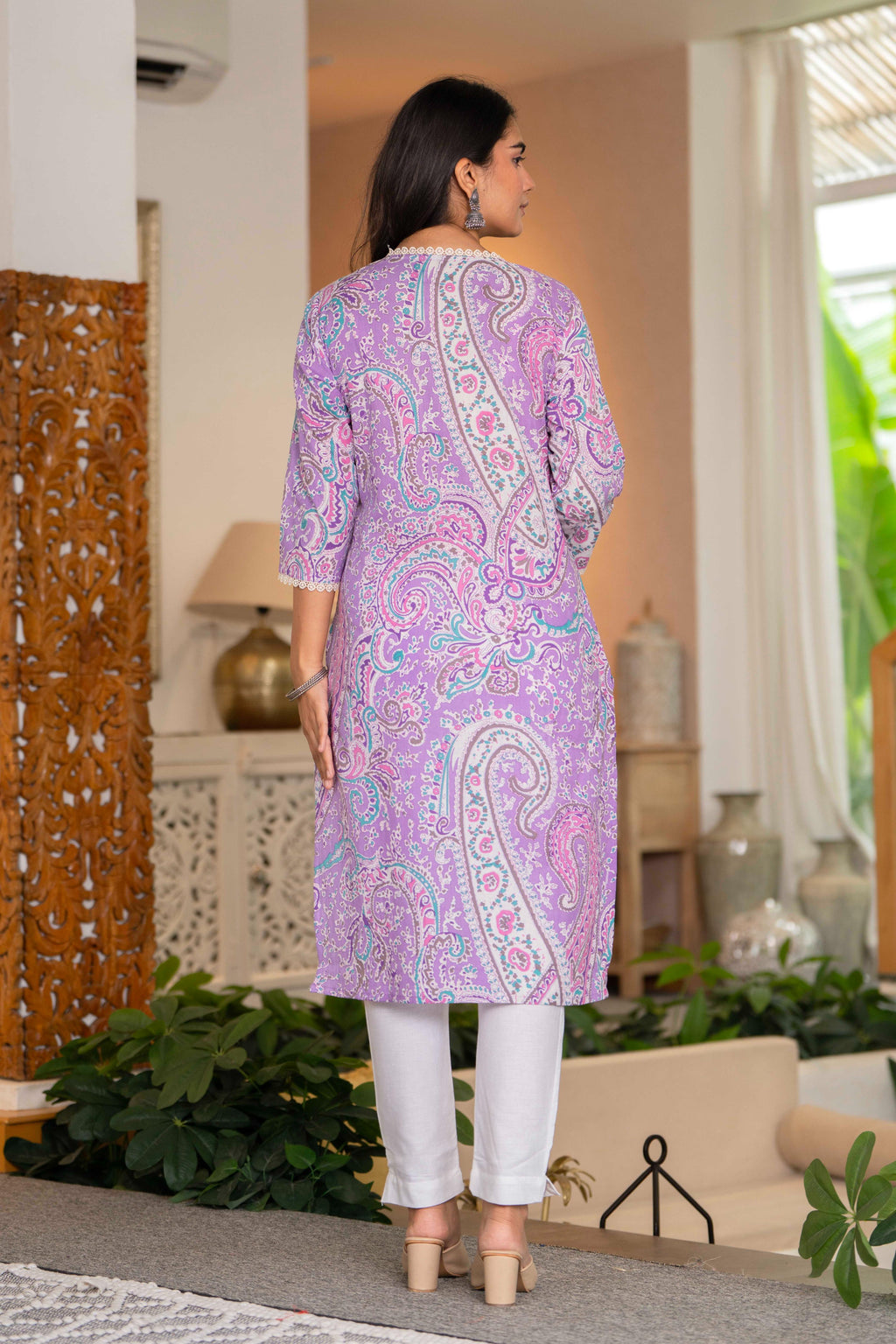 Lavender Paisley Lace Cotton Kurta