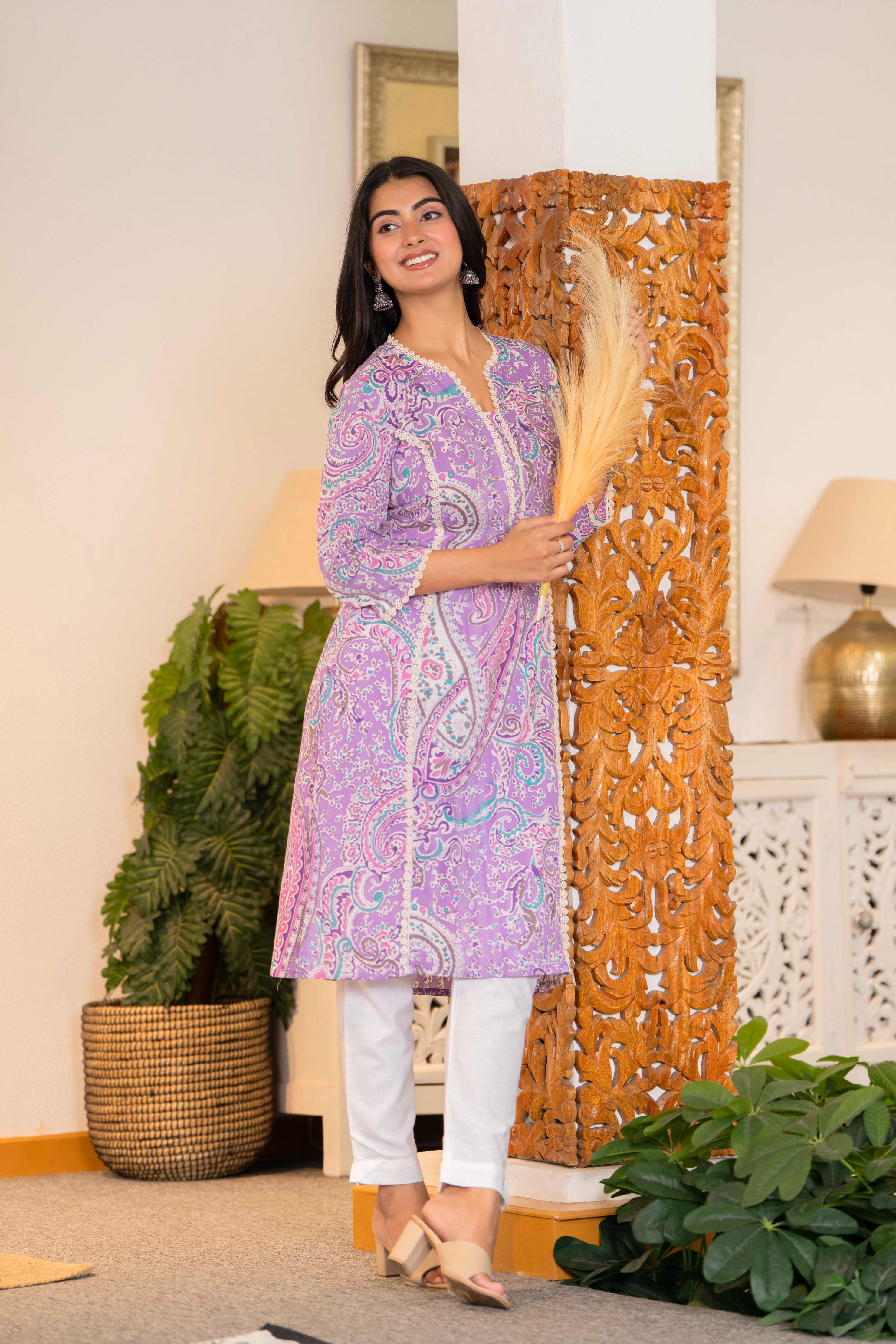 Lavender Paisley Lace Cotton Kurta