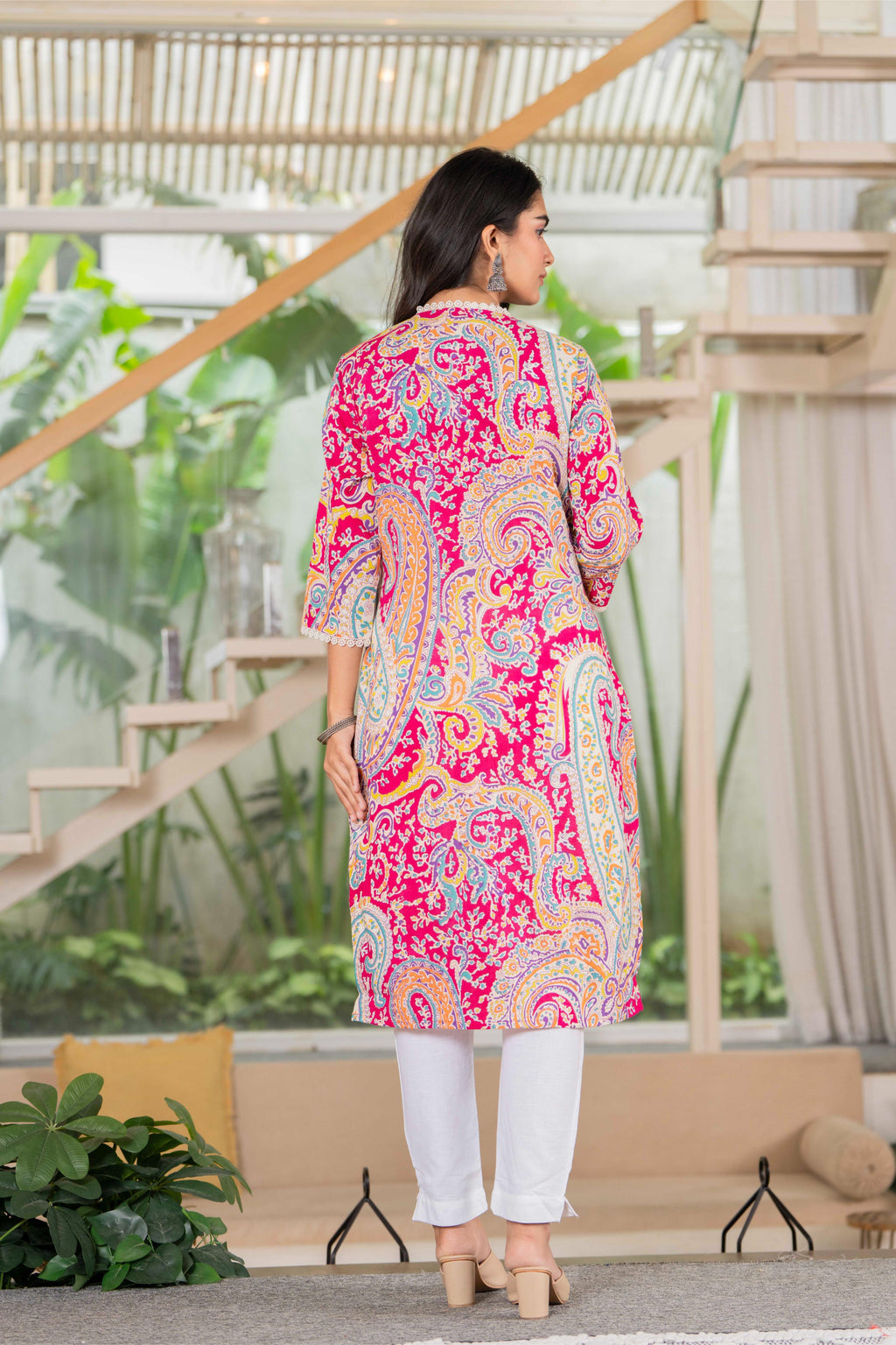 Radiant Fuchsia Paisley Lace Cotton Kurta